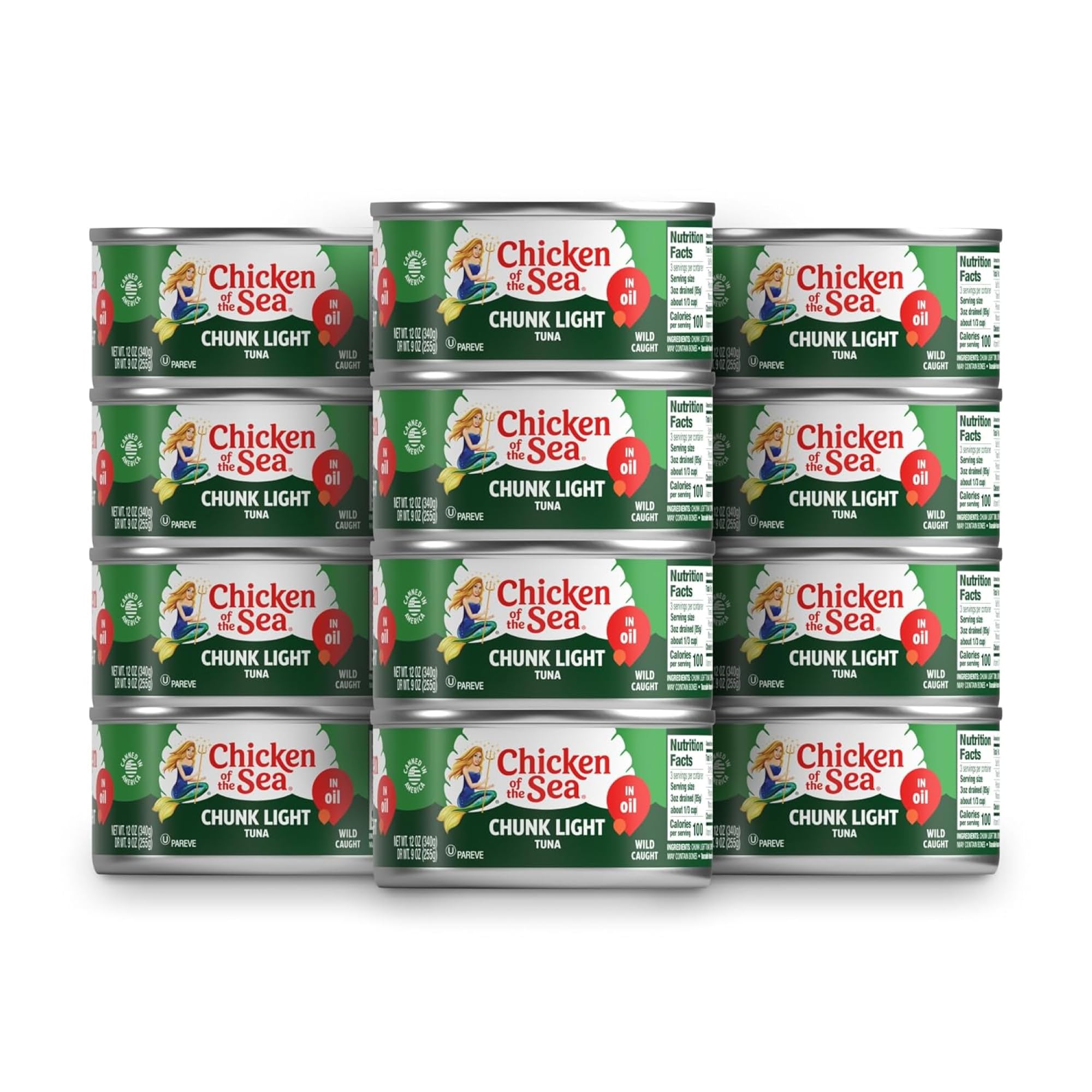 Chicken of the Sea Wild Caught Chunk Light Tuna, 12 Ounce Cans, 12-Count – High Protein 100% Classic Chunk Tuna in Oil – Delicious, Easy, Nutritious Ready to Eat Meals