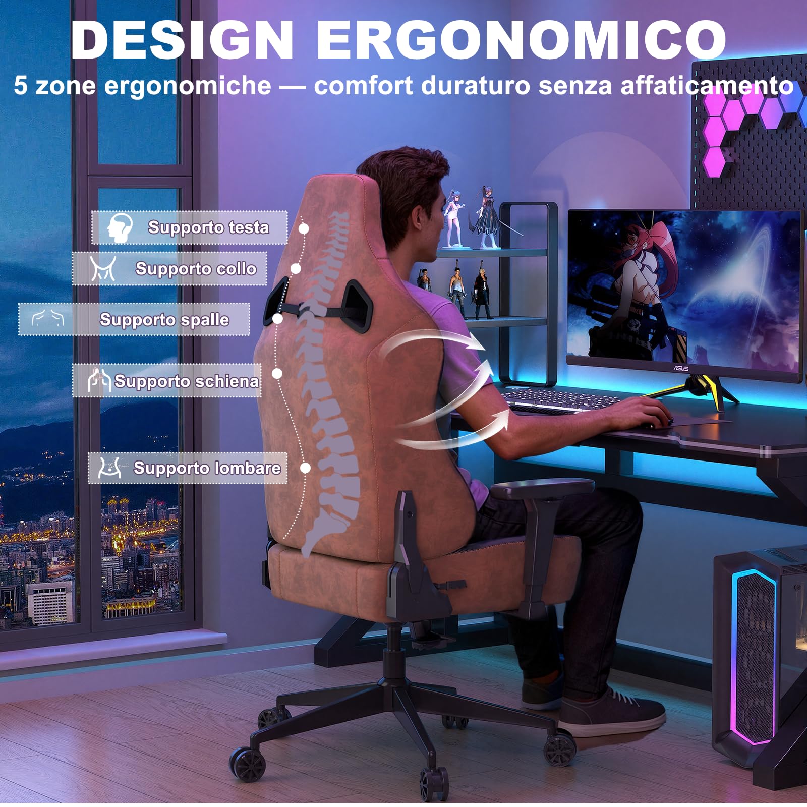 Devoko Sedia da Gaming Ergonomica in Pelle Scamosciata, Poltrona da Ufficio Gamer Reclinabile 90°-135°, Braccioli 3D Regolabili, Base in Metallo, Ruote Silenziose, Portata 180kg, Marrone Chiaro
