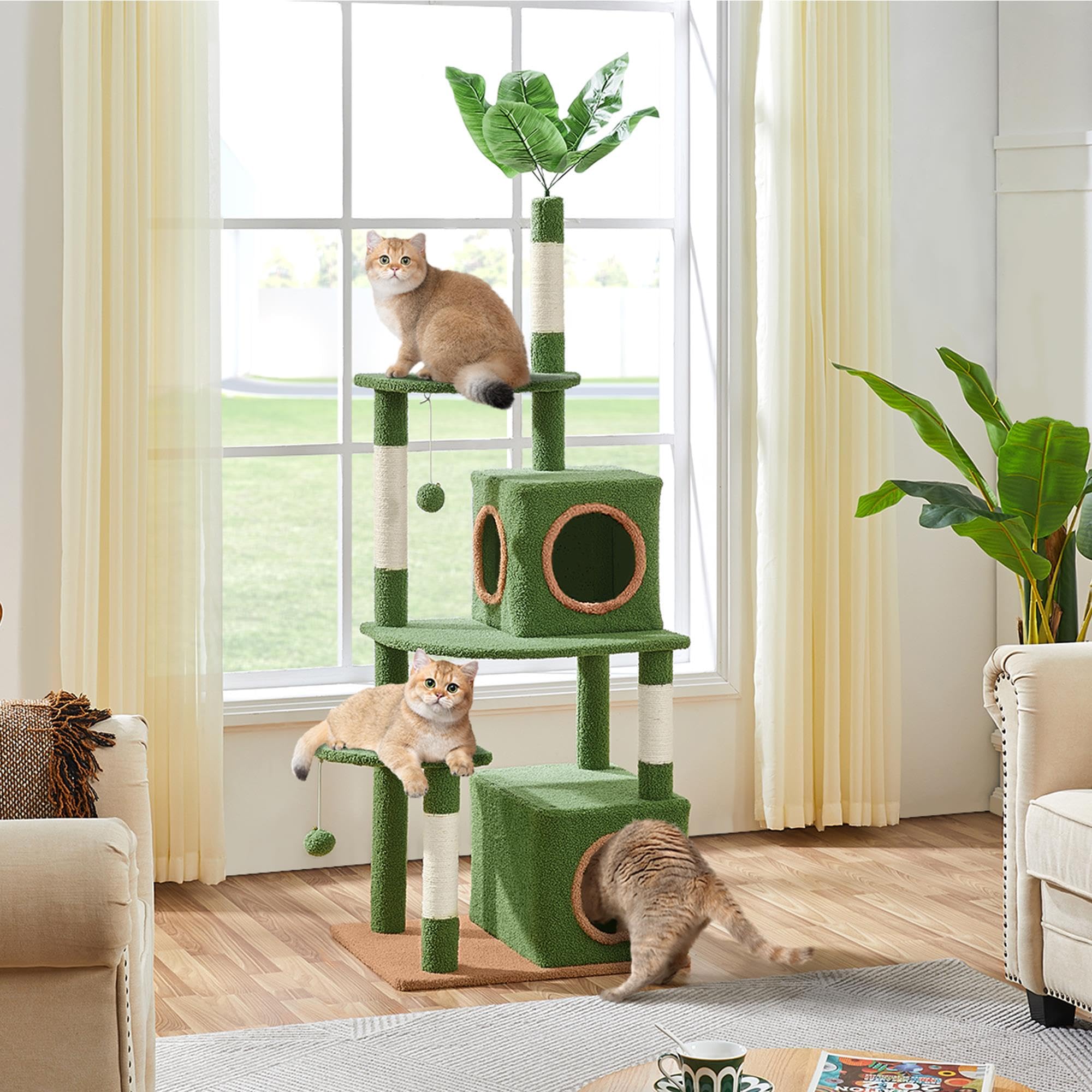 Topeakmart 59in Cat Tree, Palm Leaf Cat Tower for Indoor Cats with Green Leaves, Cat Climbing Frame with Fluffy Balls Natural Sisal Scratching Posts Platform Condo for Kitty