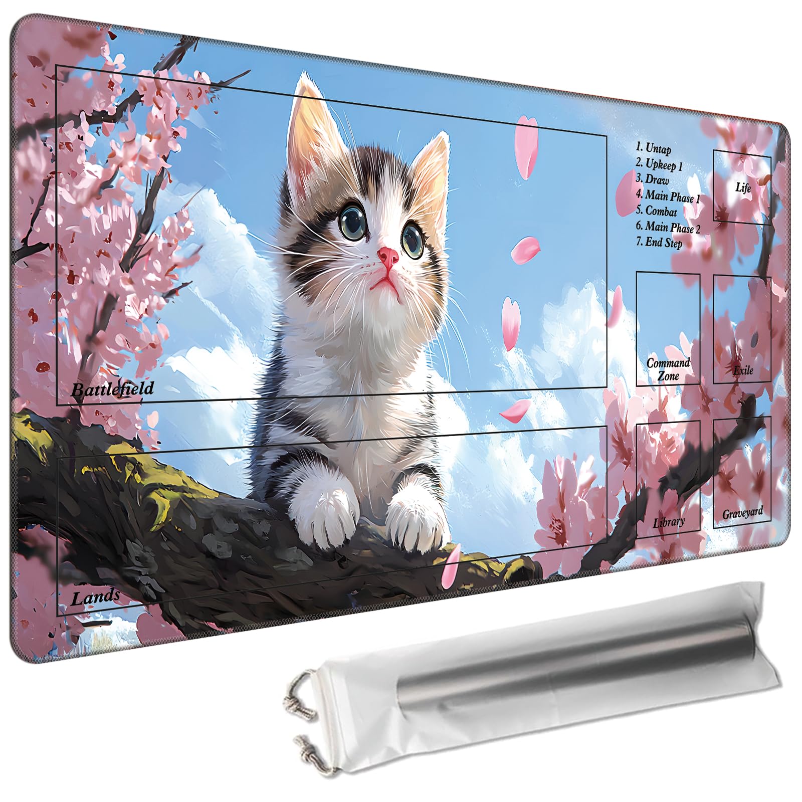 Cdkfxjy MTG Playmat with Magic Zone 24 x 14in Includes Storage Bag,TCG Playmat with Soft Surface Premium Non-Slip Rubber Backing Stitched Edges Durable Gaming Mat,Cat Cherry Blossom — image 1