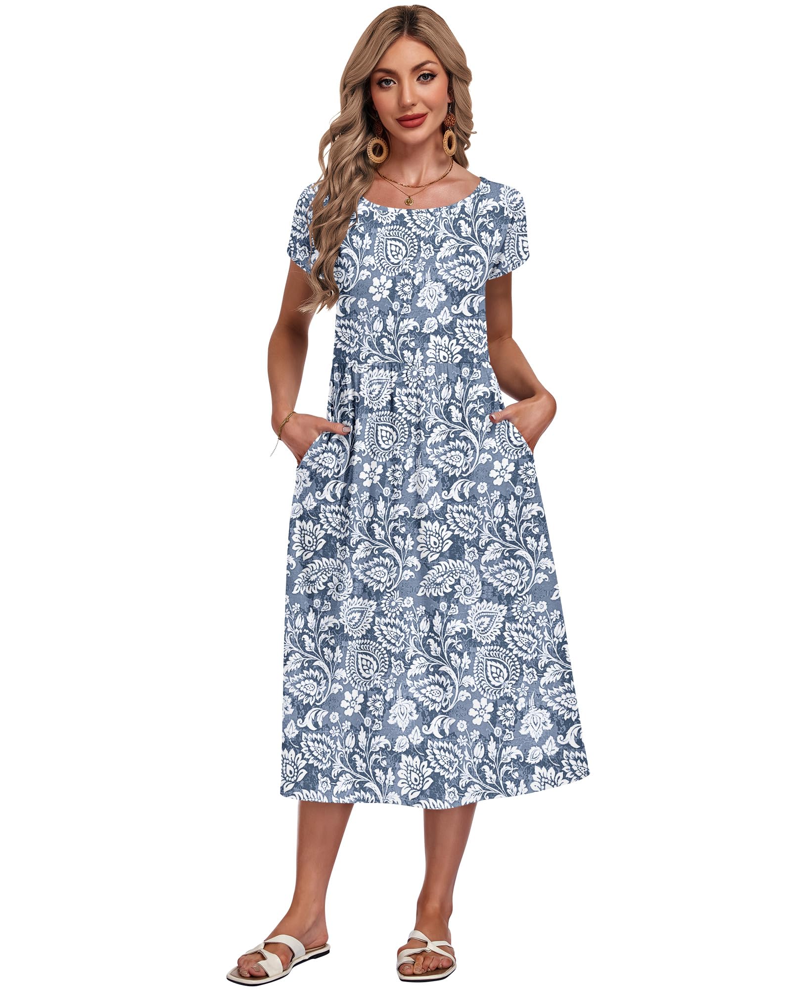 AUSELILY Vestido Verano Manga Corta y Largo Midi para Mujer Vestidos Holgado con Cuello Redondo y Bolsillos