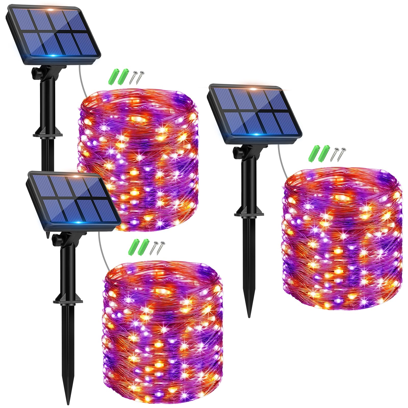 Peasur 3 Stücke Solar Lichterkette Aussen, 3x12M 120 LED Solarlichterkette Außen Wetterfest, 8 Modi IP65 Wasserdicht Kupferdraht Lichterkette Outdoor für Garten Party Halloween Deko, Orange-Violett