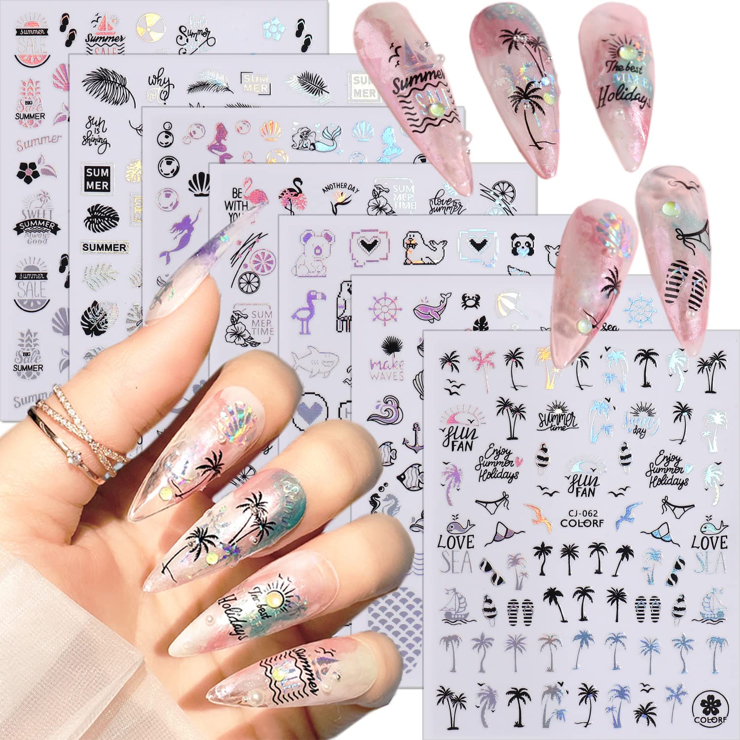 LRKNNO9 Sheets Summer Nail Art Stickers Laser Bronzing Nail Decals Design 3D Self-Adhesive Art Supplies Ocean Animals Flower Leaves Mermaid Beach Nail Stickers Accessories for Women DIY Manicure Decorations