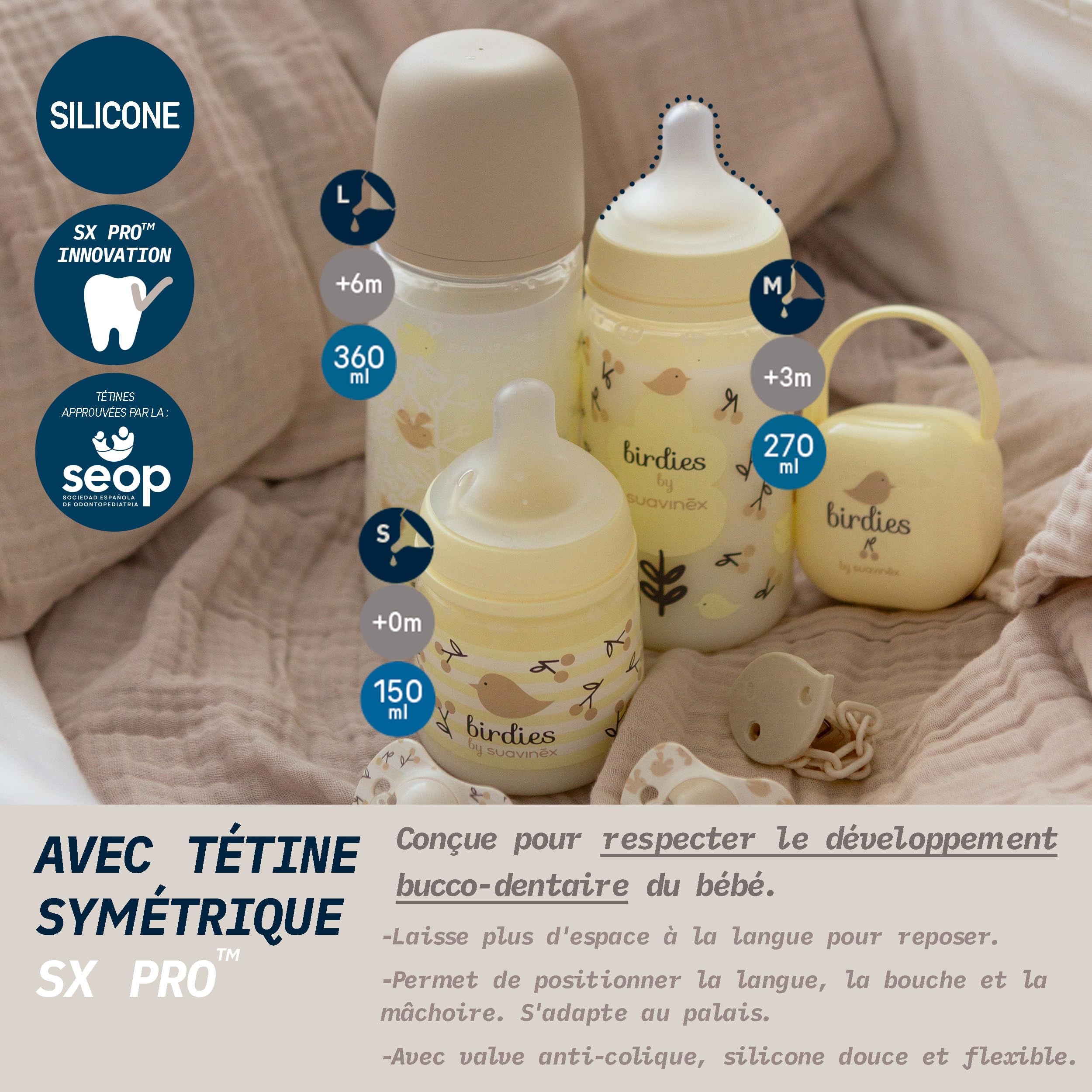 Suavinex, Lot de 2 Biberons 270 ml, Tétine Symétrique SX Pro en Silicone avec Valve Anticolique, Débit Moyen (M), Liquides de Densité Moyenne, Lait, Jus, Eau. Bébés +3 Mois. Birdies, Wild&Free, Beige