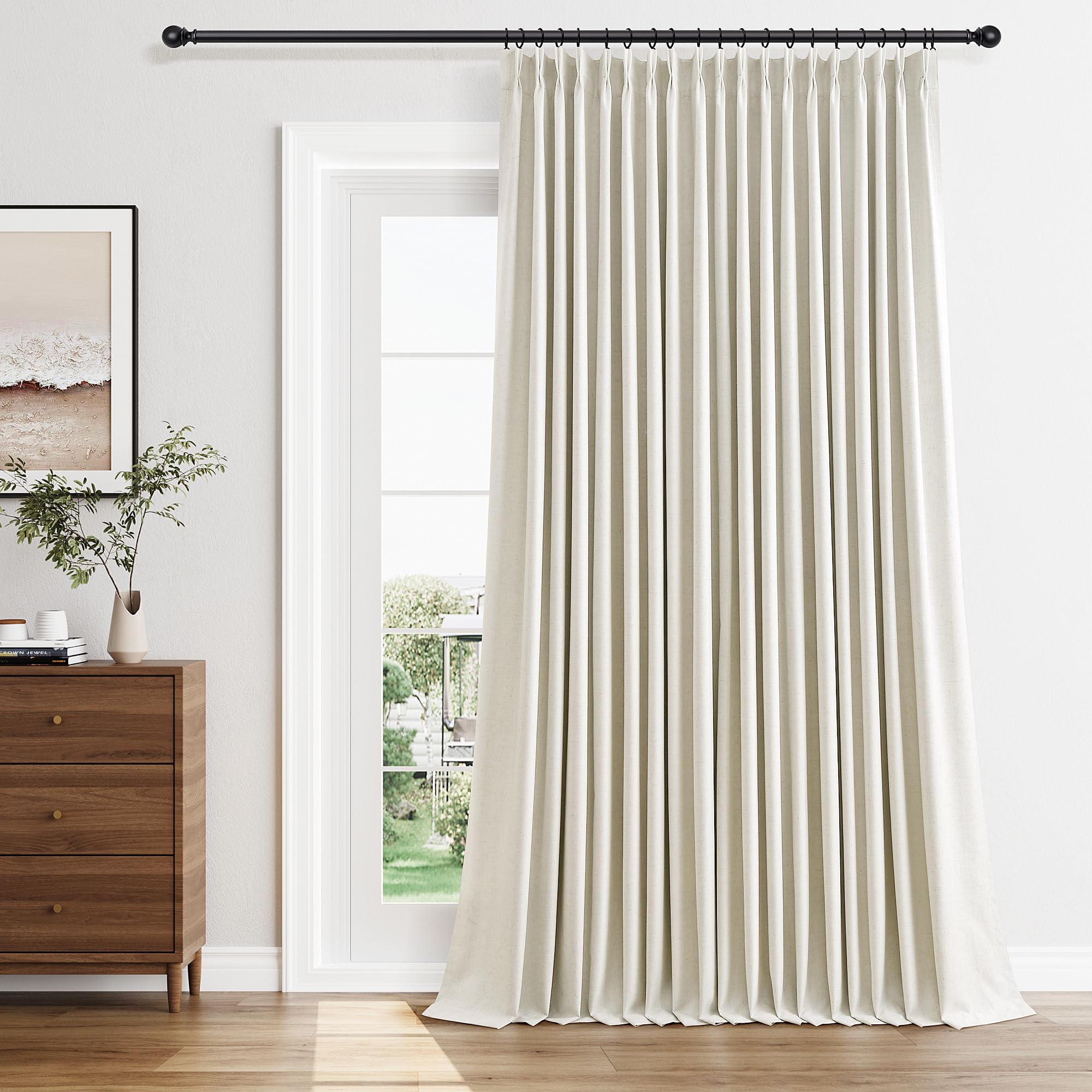 Extra Wide 100 Inch Width 100% Blackout Pinch Pleated Linen Curtains 102 Inch Long for Bedroom Living Room Darkening Pinch Pleat Curtains Thermal Insulated Cream Sliding Door Drapes 100Wx102L 1 Panel