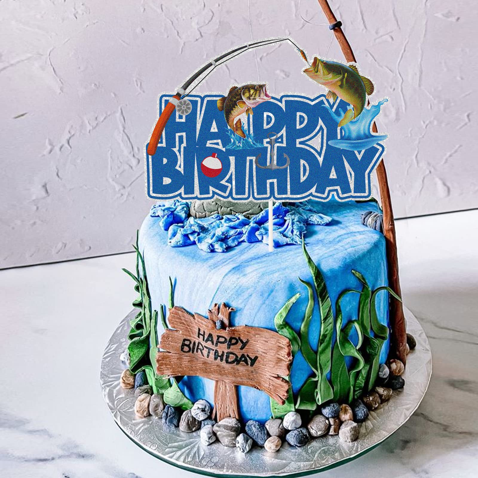 Fishing Themed Cake Topper – Blue Glitter 'Happy Birthday Little Fisherman' Decor For Fisher Birthday Parties (Non-Edible) - View #6