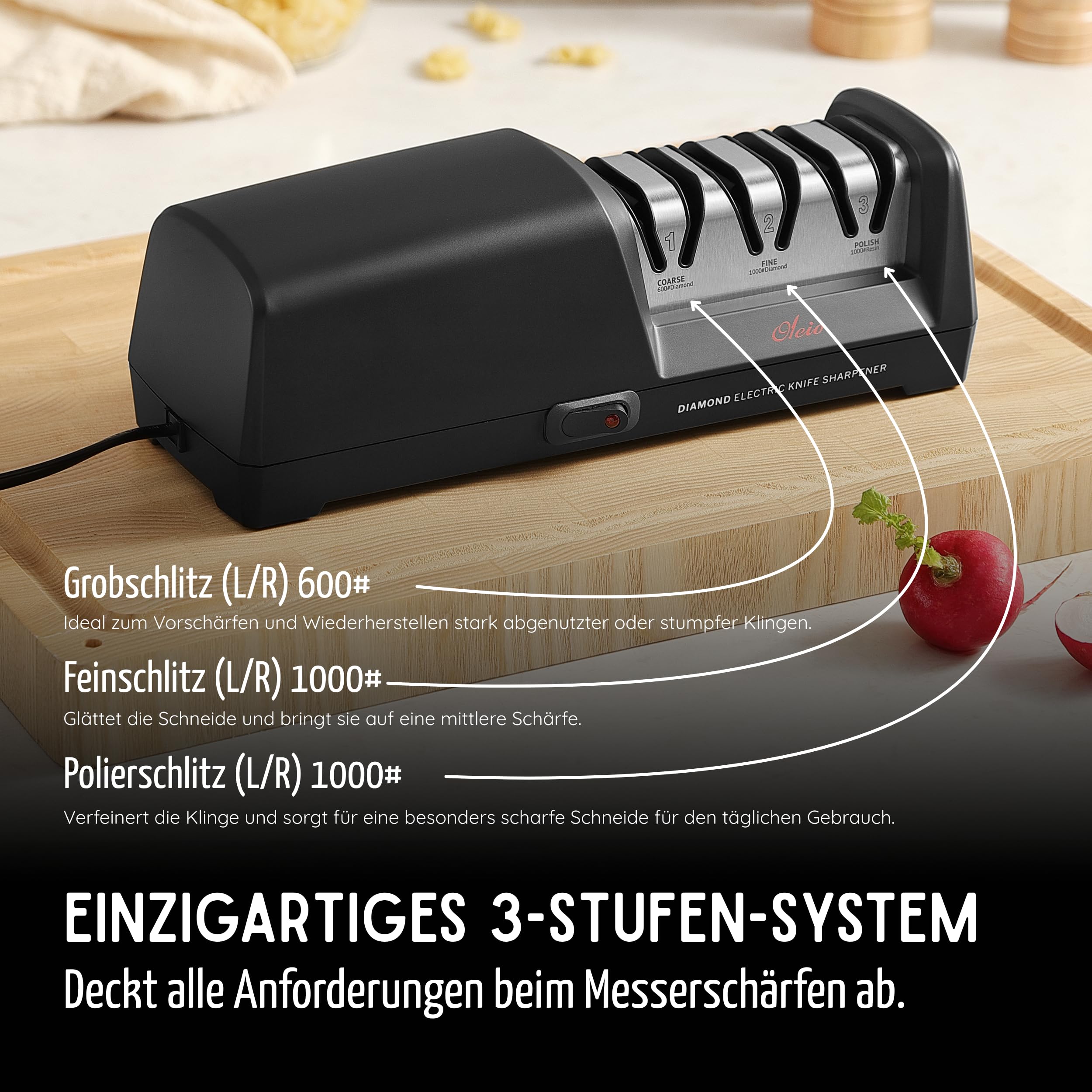 Oleio Messerschärfer elektrisch 3-Stufen Diamant 15° Winkel 70 dB Messerschleifer