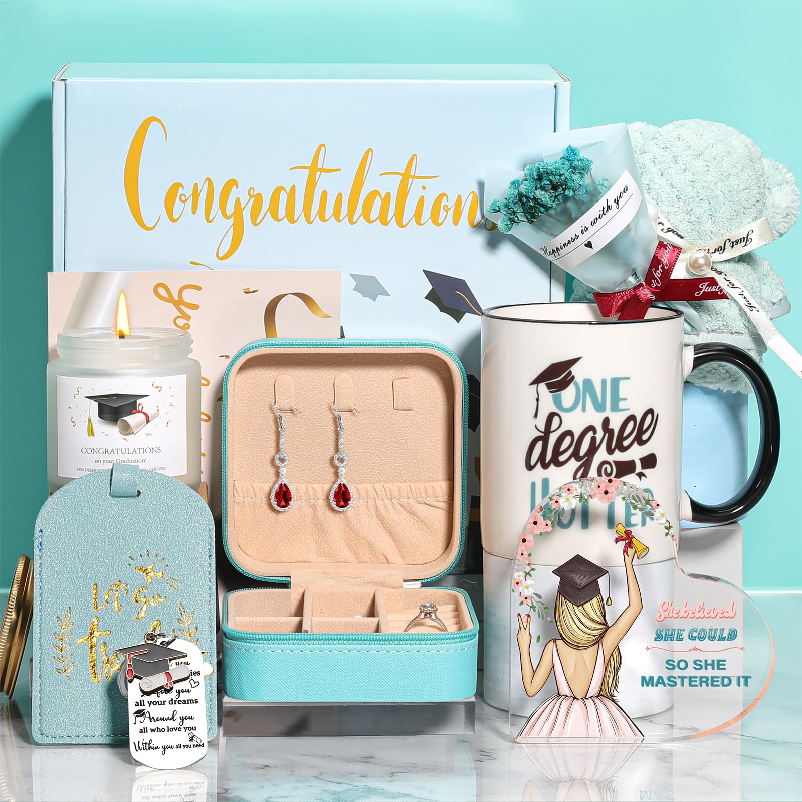 Graduation Gifts for Her,Congratulations,Grad Gift Set,Includes Coffee Mug, Jewellery Box,Candles,Keychain,Luggage Tags,Bear Towel,Flower Bouquet,Heart Sheaped Table Decor for Girls