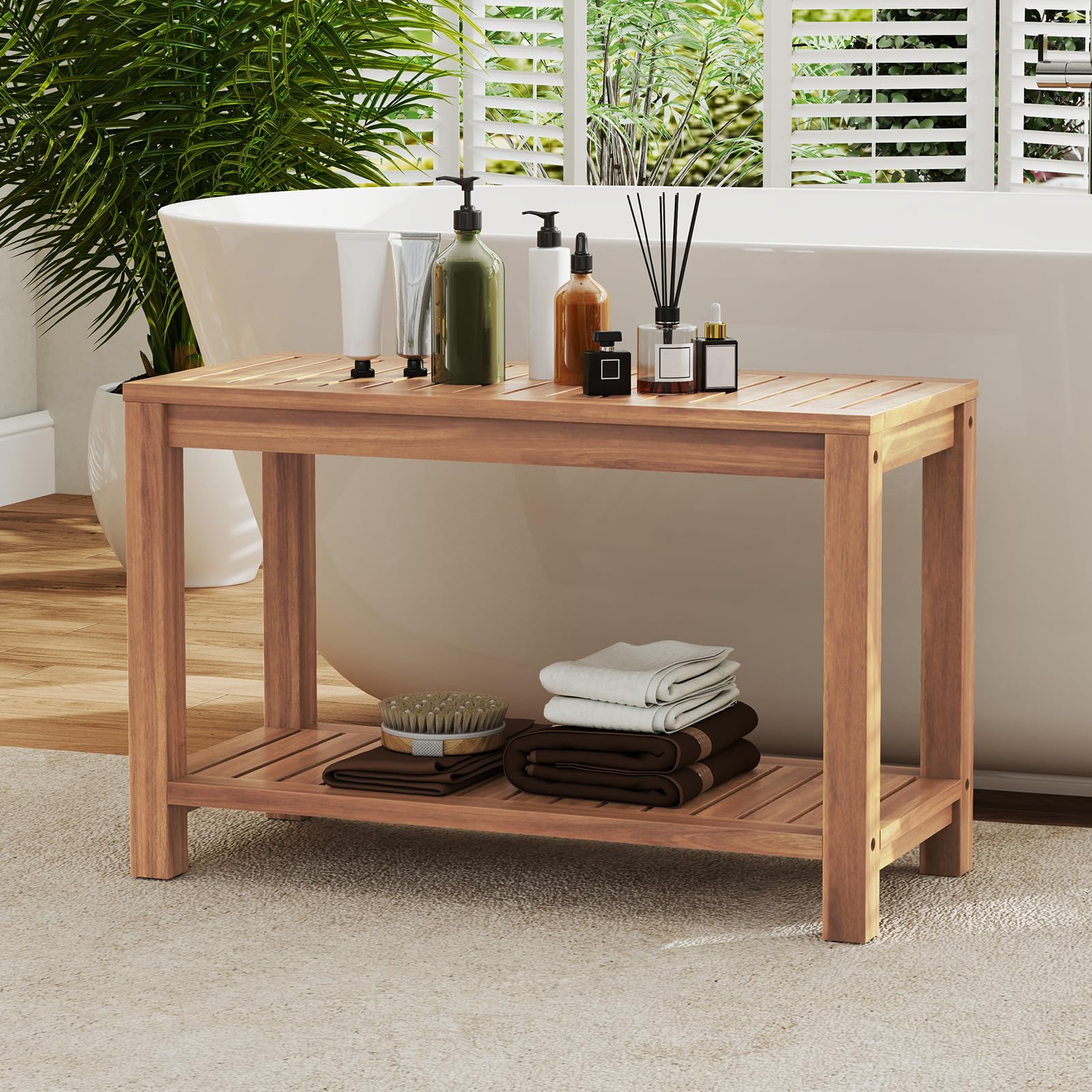 Giantex Teak Shower Bench with Shelf, 30 Inch Shower Stool with Slatted Seat for Elderly Seniors, Waterproof Bathroom Spa Bathing Seat Foot Rest Entryway Bench for Indoor and Outdoor Use