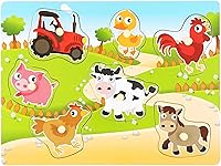 Vista 3 de Rompecabezas de madera con diseño de granja para bebés, imágenes a todo color para preescolar, 7 piezas