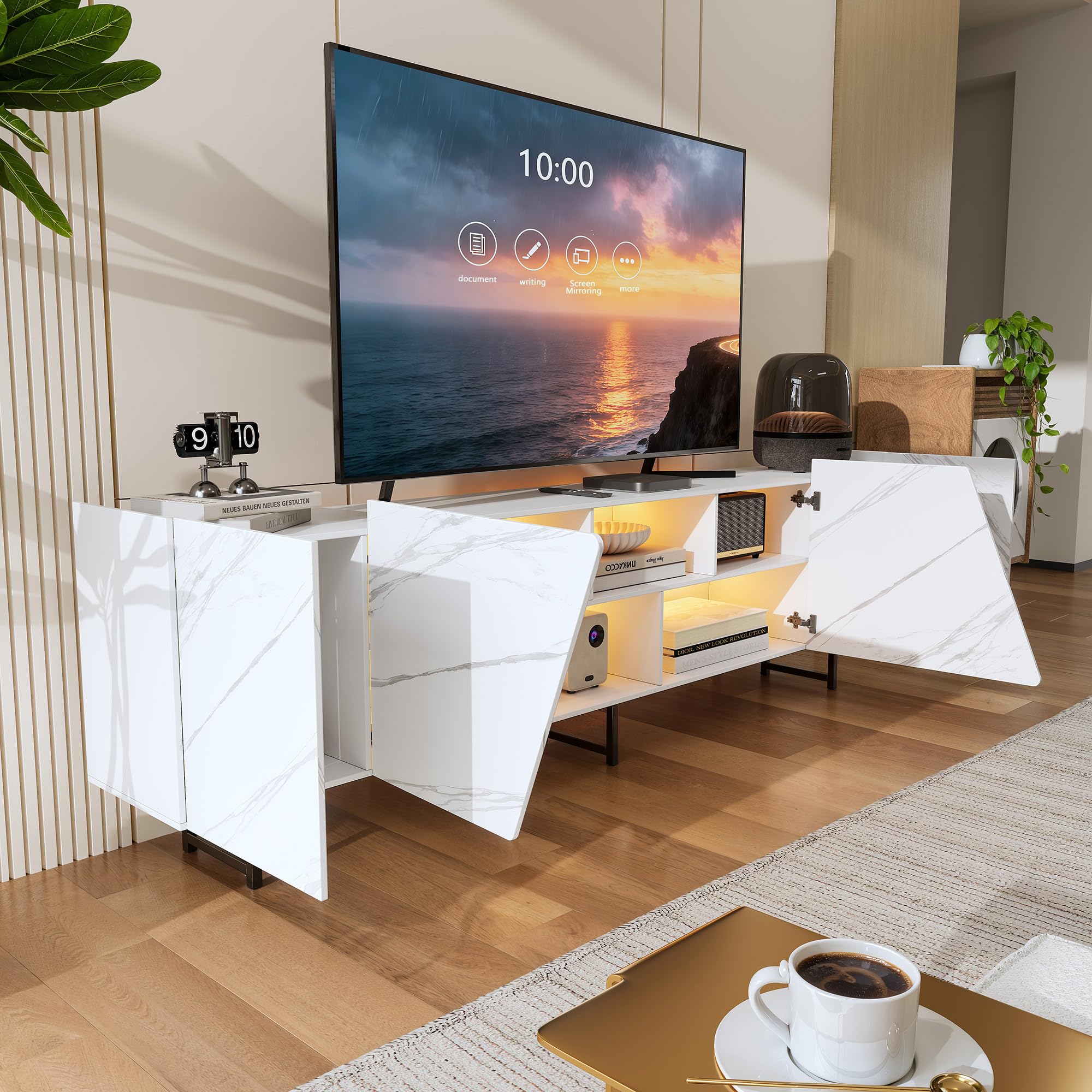 Armadio TV con LED - Mobile TV con 4 porte - Mobile TV basso - Comodino - Mobile TV con spazio aperto per soggiorno, sala da pranzo, camera da letto - Bianco - 220 x 34 x 67 cm