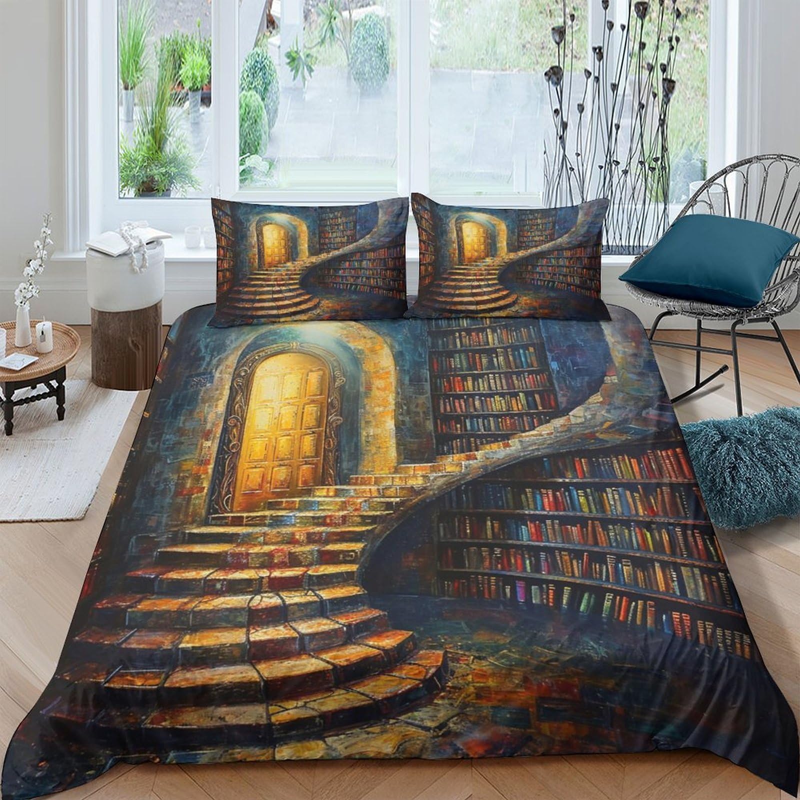 Ctjqhvkz Style-1 3D Printed Magical Staircase Fitted Sheet Microfiber Bedroom Decor Dream Library Bed Cover Washable For Home Single（135X200cm）