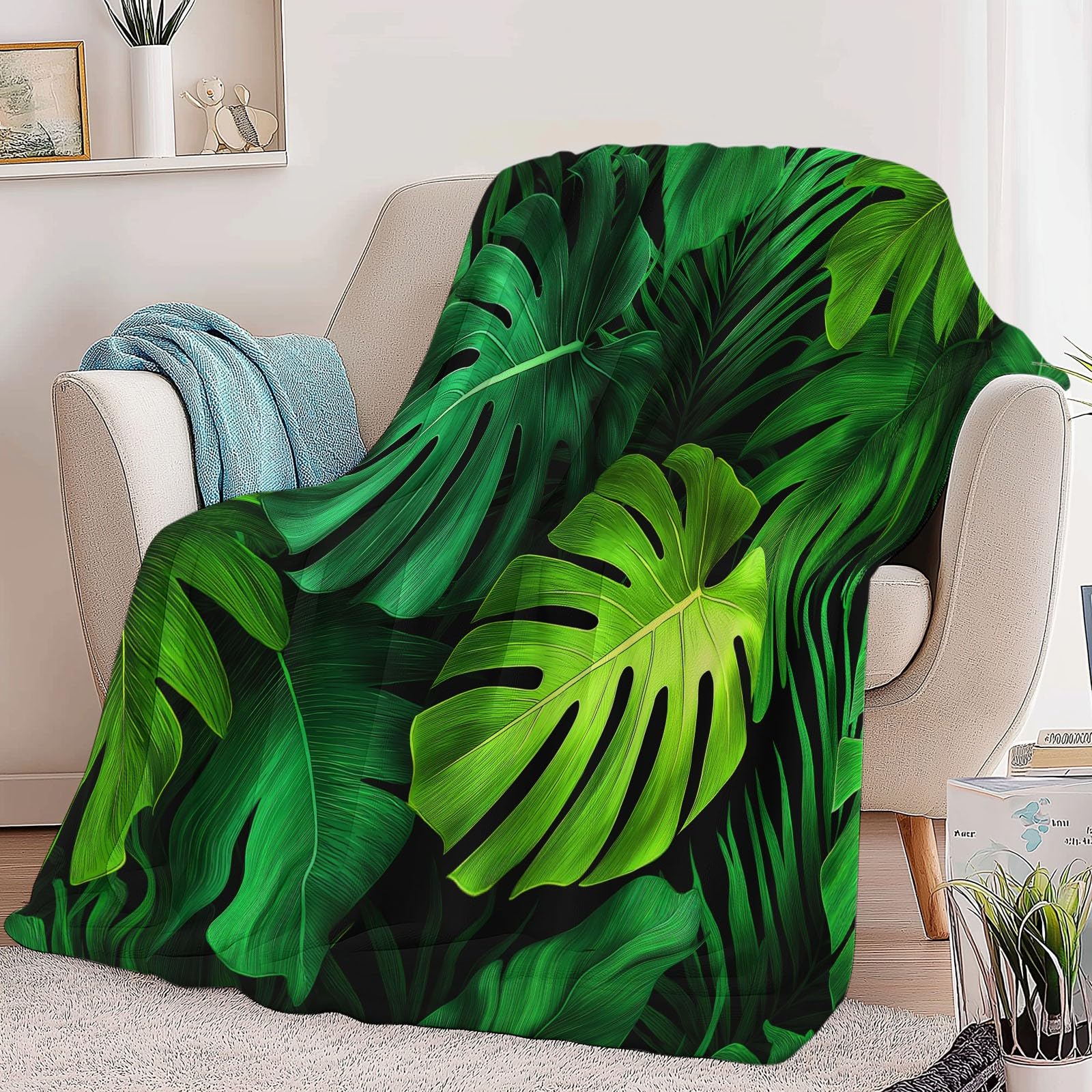 Puszysty koc flanelowy, narzuta na sofę, łóżko, krzesło, miękka tropikalna pościel z liści monstery, 221 x 239 cm, dekoracyjny, ultramiękki koc na łóżko dla dzieci, nastolatków, dorosłych, 220 x 240