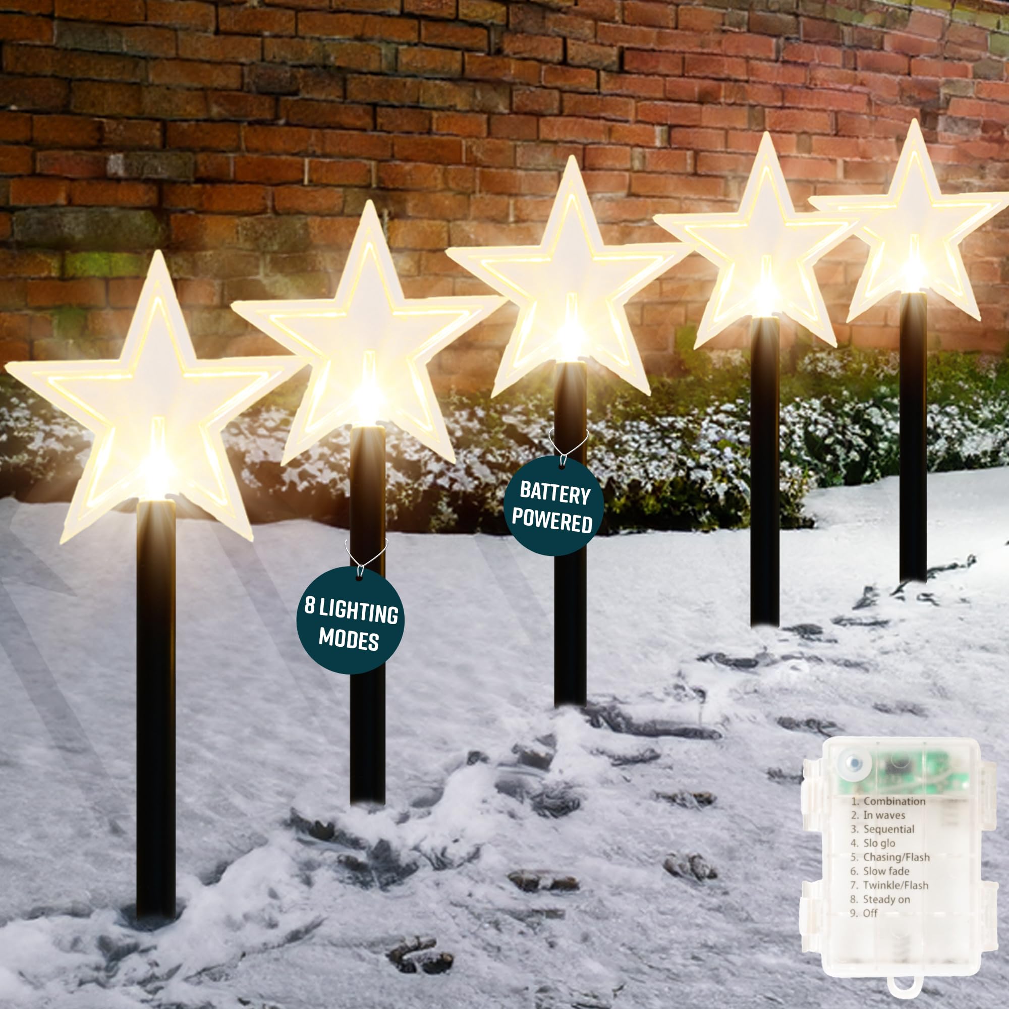 GloBrite 5 Pack Star Garden Christmas Lights – LED Outdoor Christmas Decorations, Battery Powered 39cm Stakes - IP44 Waterproof Decorations & Ornaments for Garden & Pathways
