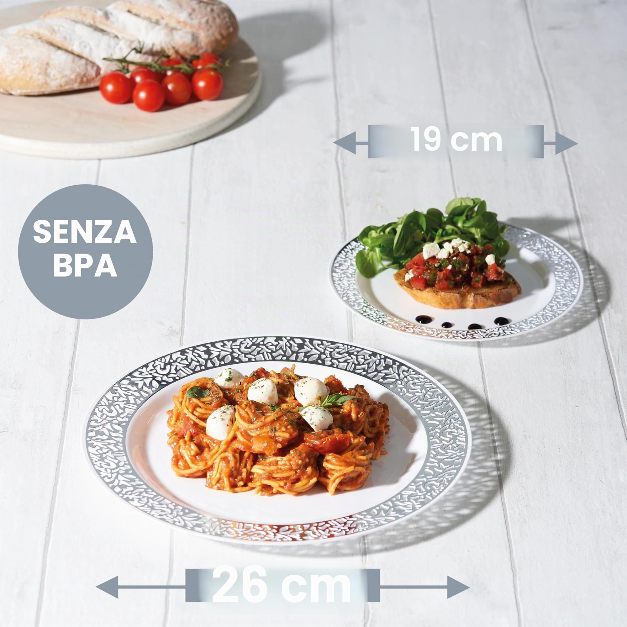 Matana 40 Piatti in Plastica Bianca Premium con Bordo Argento (2 Misure: 20 x 26cm, 20 x 19cm) - Eleganti, Resistenti e Riutilizzabili - Matrimoni, Compleanni, Battesimi, BBQ, Natale, Feste