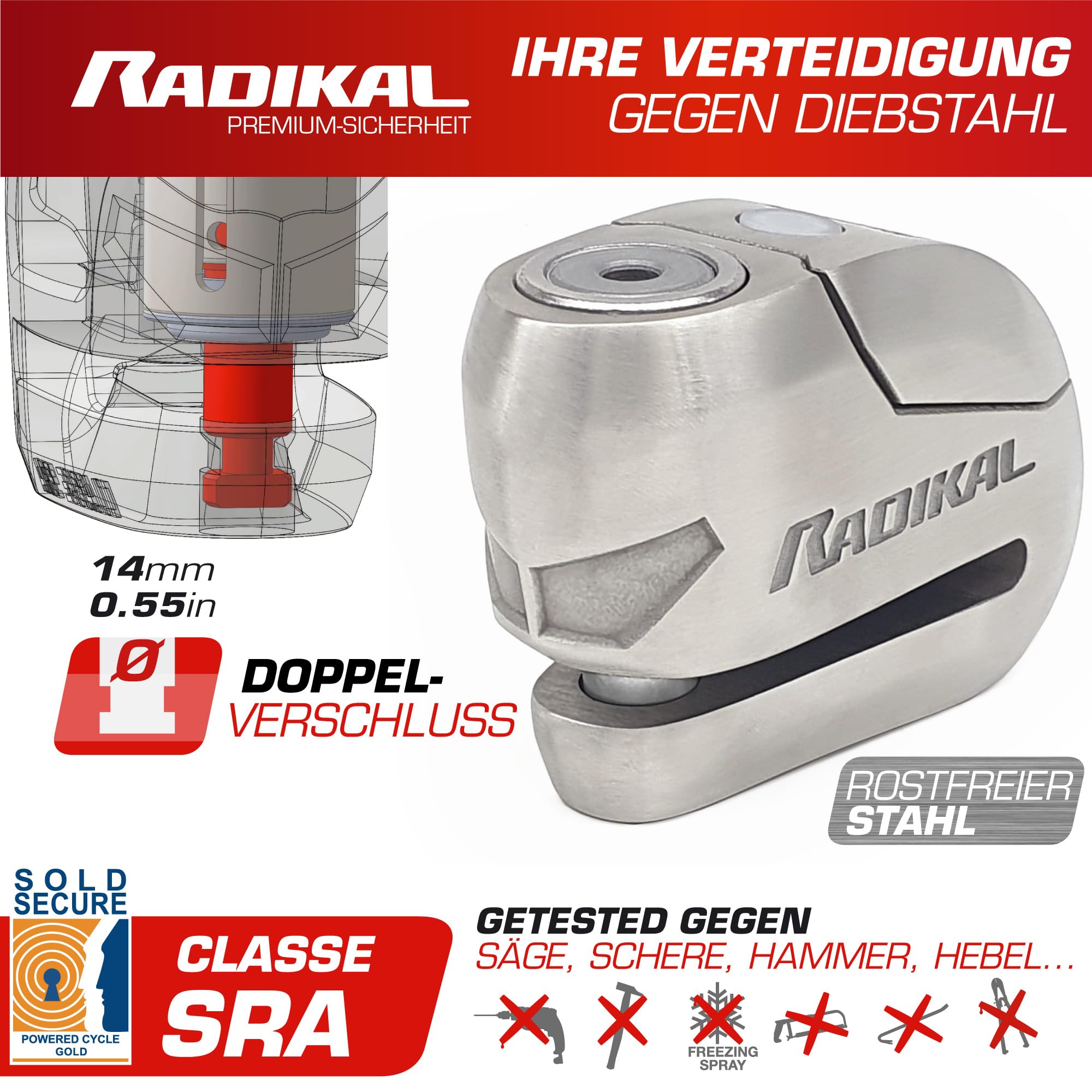 RADIKAL RK14S Bremsscheibenschloss Premium mit Alarm | Aktivierung nach Wahl, 120 dB, LED Warnung Voralarm | Motorrad Schloss SRA-Zertifiziert, aus Edelstahl, Doppelverriegelung Ø14, INOX