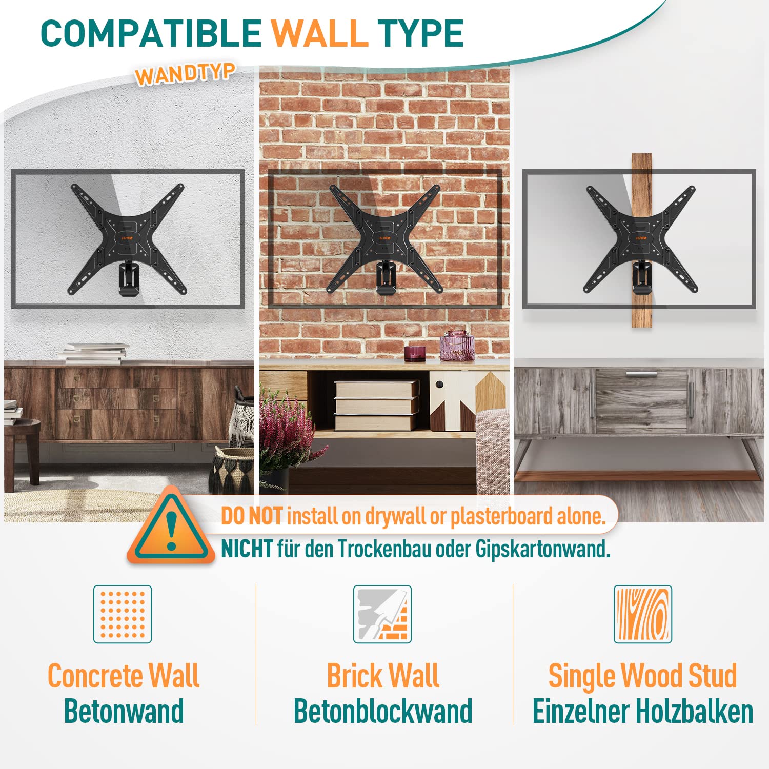 ELIVED Soporte de pared regulable en altura para la mayoría de televisores LED, LCD, OLED planos o curvados de 23 a 55" con VESA 100 x 100 mm-400 x 400 mm hasta 25 kg, soporte de ángulo de movimiento