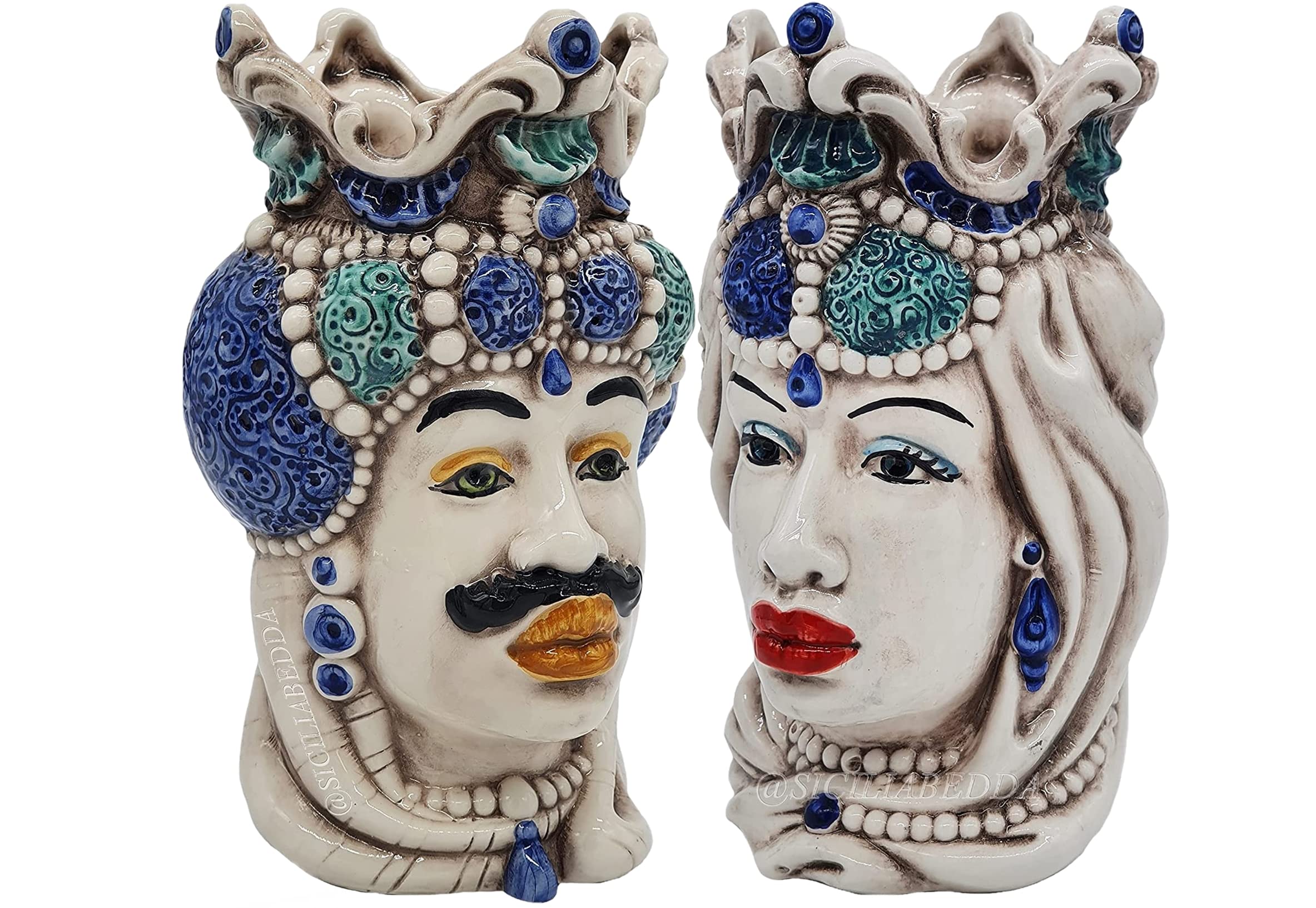 sicilia bedda - Teste di Moro Siciliane in Ceramica di Caltagirone - Realizzato Interamente a Mano - Altezza 18 Centimetri (Coppia Teste di Moro Blu)