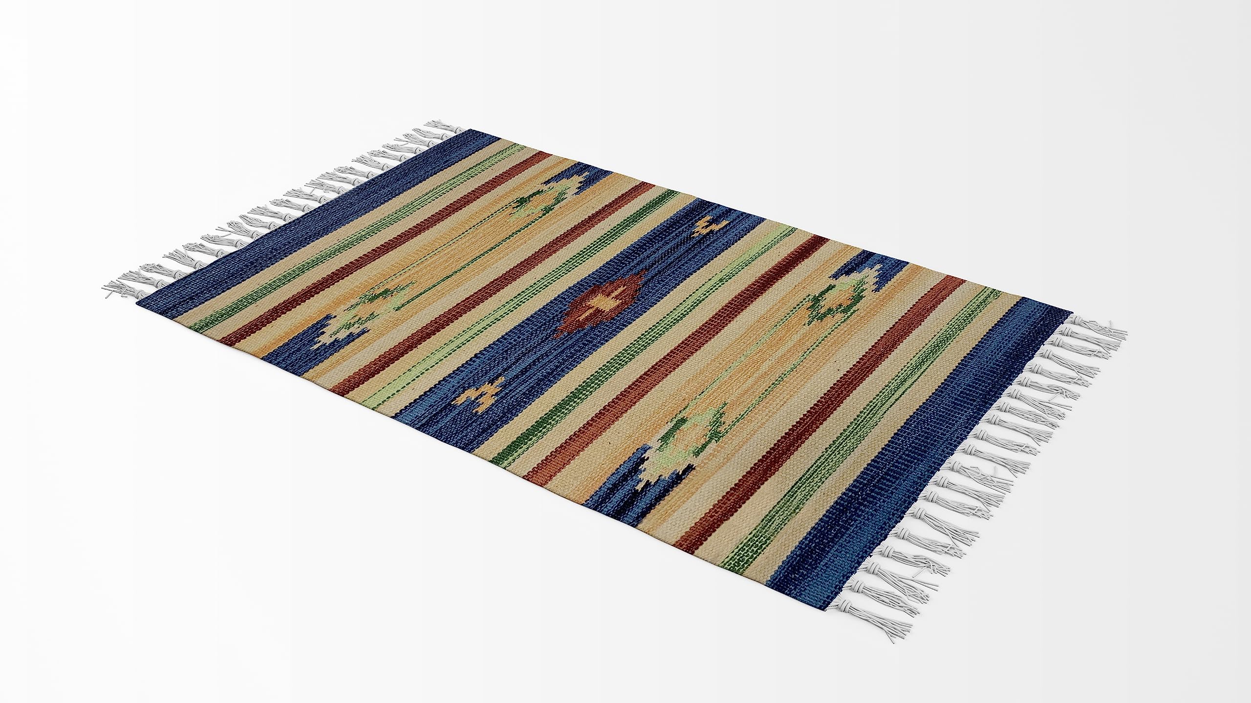 Teppich für Badezimmer, Küche, Schlafzimmer, Baumwolle, Art. Kelim, maschinenwaschbar, ethnisches Muster, bunt (100 x 150 cm, Design 3 - Blaue Raute)