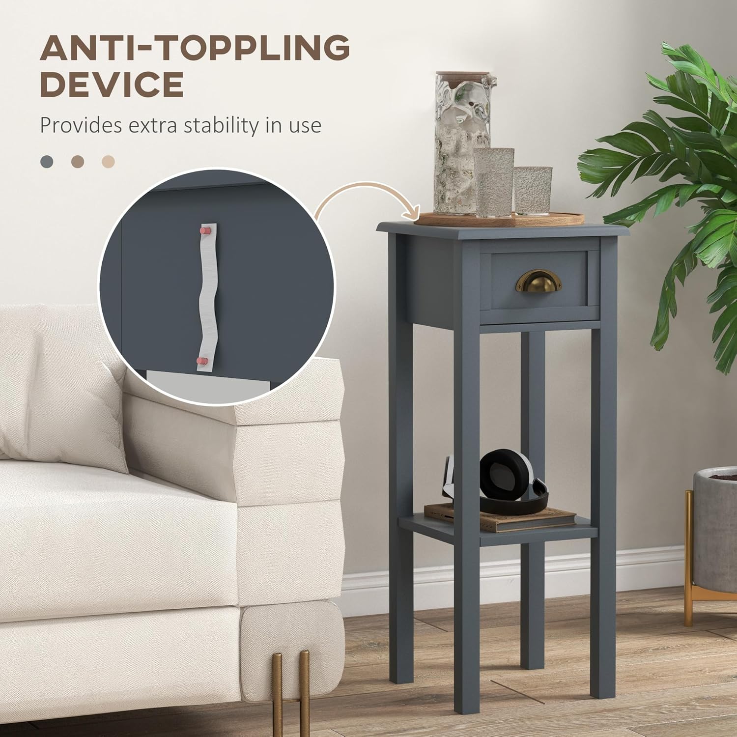HOMCOM Narrow End Table with Drawer and Bottom Shelf, Slim Side Table for Small Spaces, Skinny Modern Accent Desk for Living Room, Set of 2, Gray