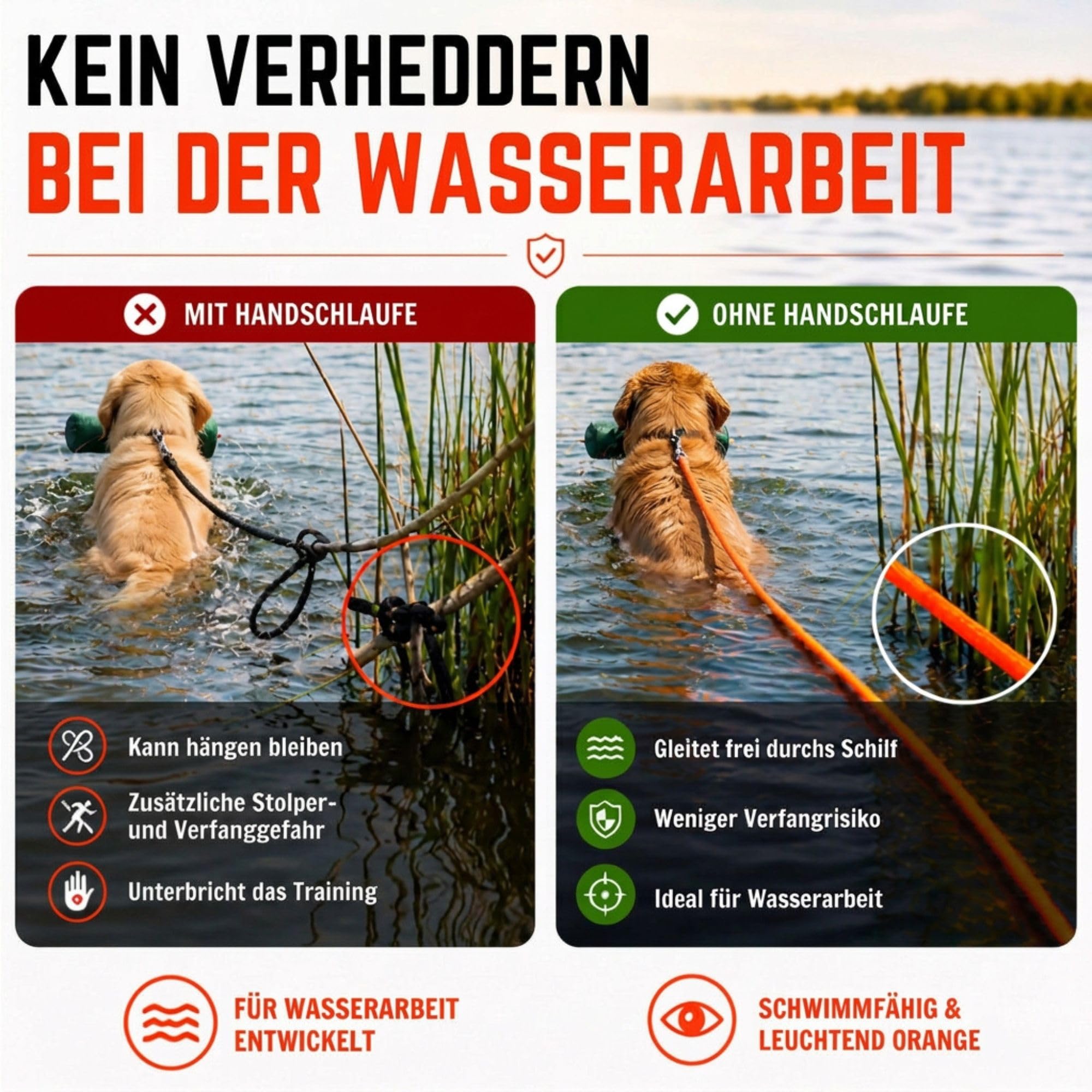 Schleppleine Hund schwimmend, ohne Handschlaufe, 10 m, Leuchtend Orange - robuste Feldleine mit Drehgelenk-Karabiner, Zuglast 230 kg, Trainingsleine für Hunde, Wasser- & Geländearbeit