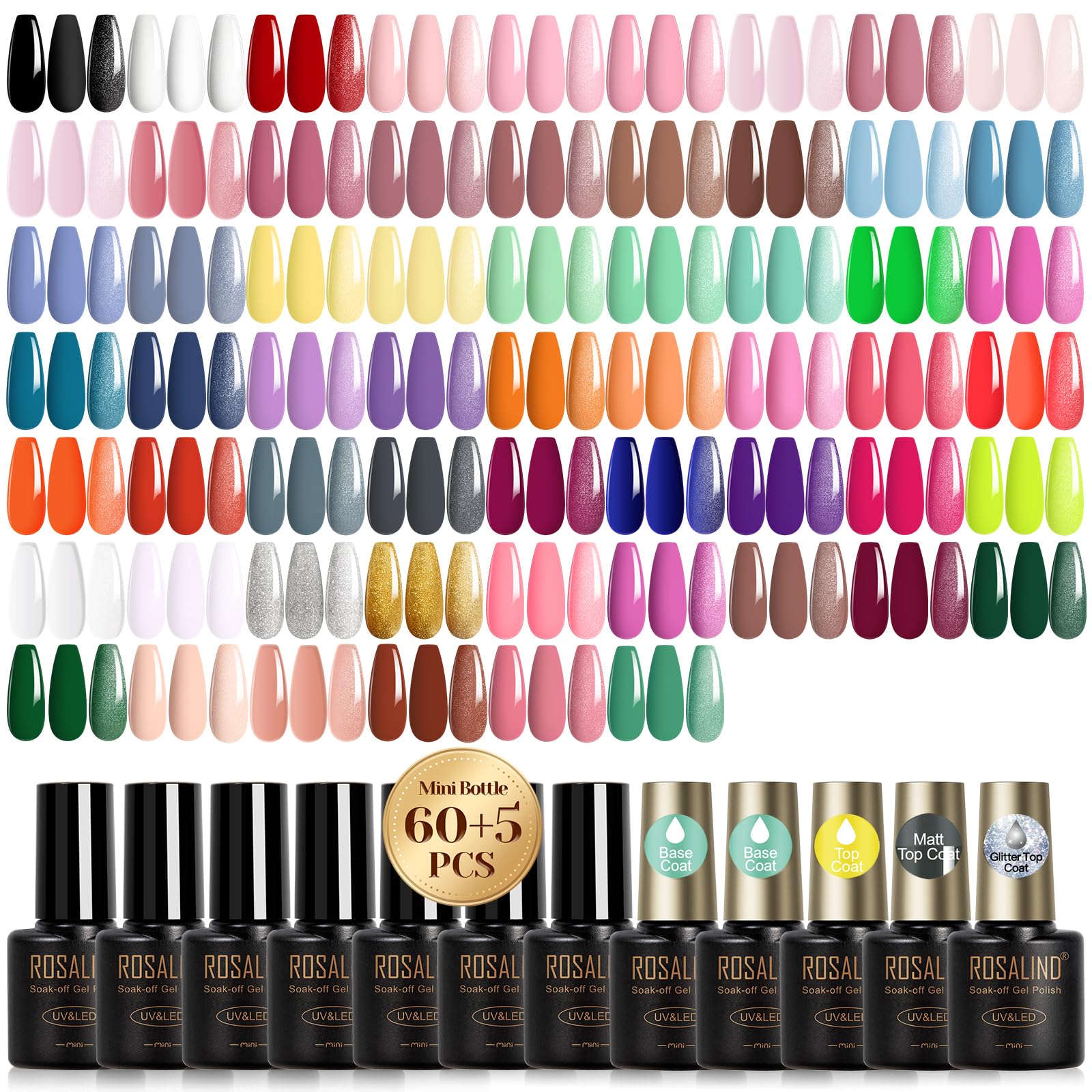 ROSALIND Smalto Semipermanente Unghie 65 Pezzi Rosa Giallo Blu Verde Viola | Colori Smalti Semipermanenti per Unghie Rosso Nero Grigio Marrone, UV/LED Mini Smalto Gel Manicure Regalo