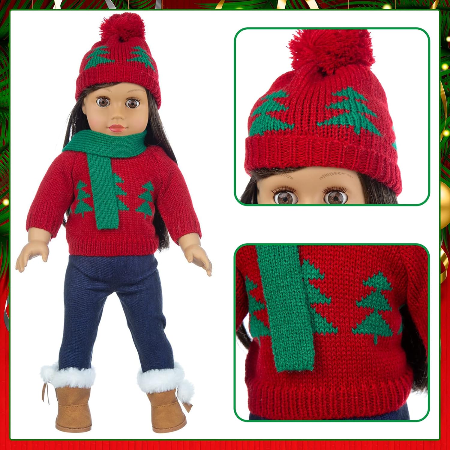 UNICORN ELEMENT 2 Sets Christmas Doll Clothes and Accessories Fit 18 Inch Girl Doll Christmas Santa Costume Including Christmas Dress, Sweater, Hairpin, Hat, Scarf, Boots, etc