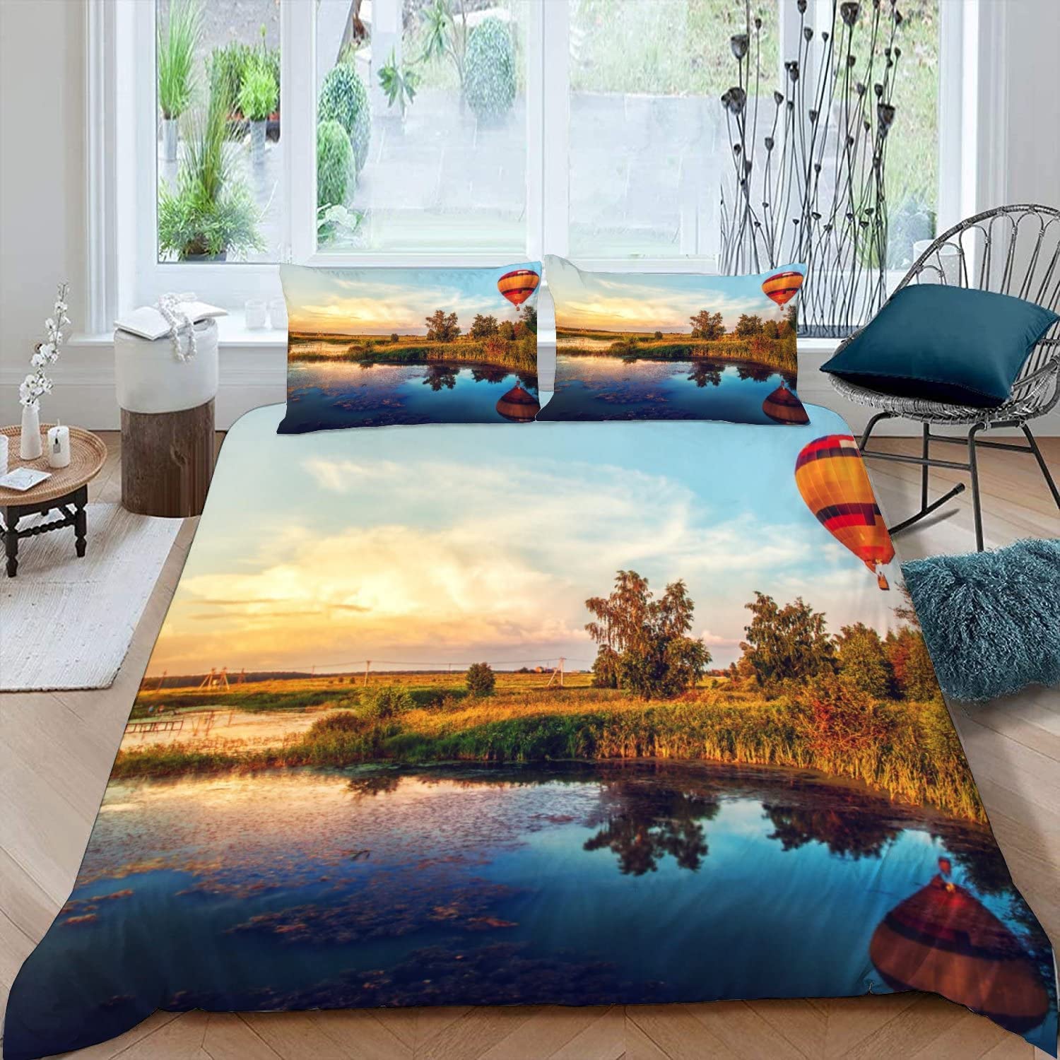 Housse de couette 220x240 microfibre douce motif montgolfière d'hiver