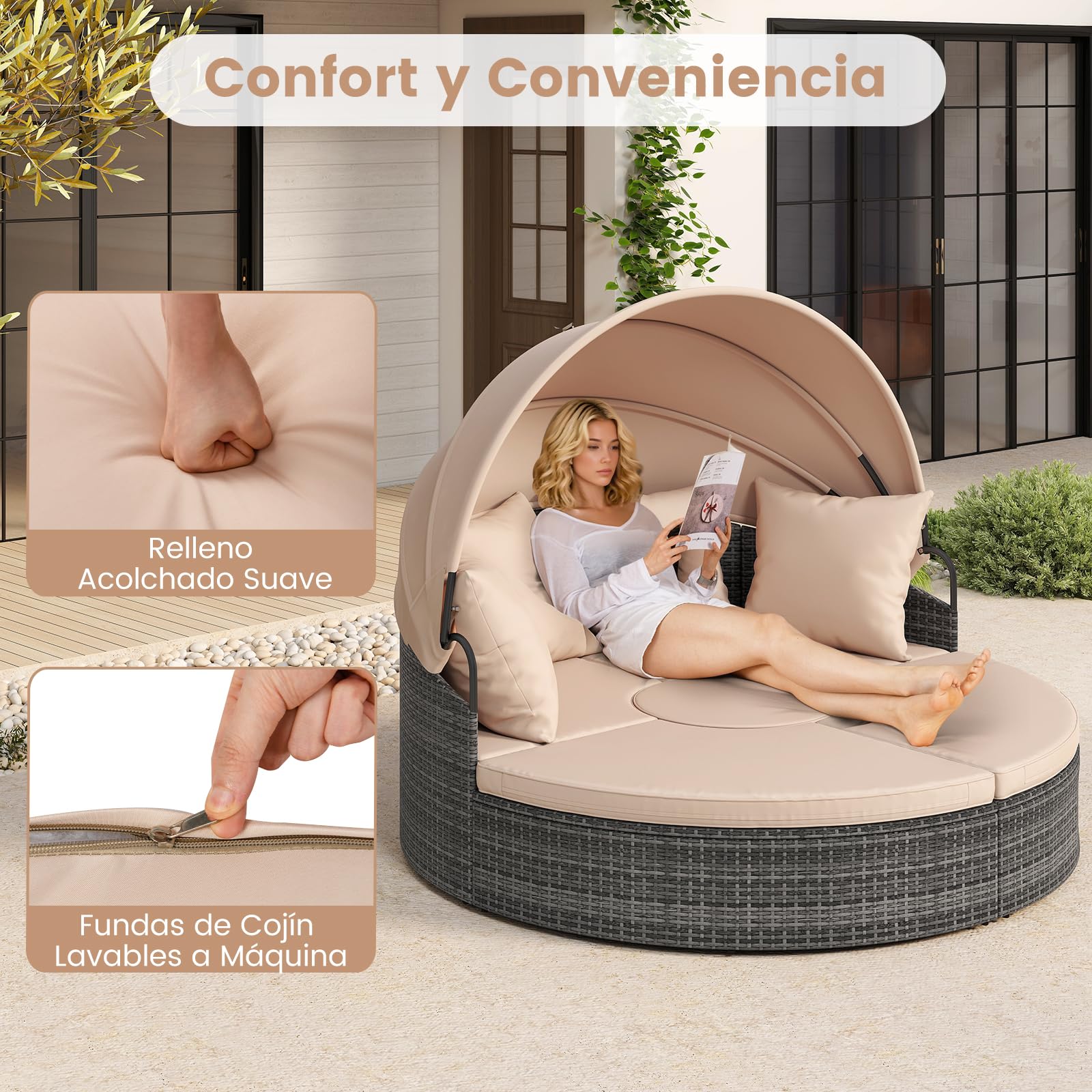 COSTWAY Cama Balinesa Exterior Jardin, Redondo con Dosel Retráctil, Tumbona Isla de Ratán, Cojines Suaves, Conjunto Jardin Terraza Balcon Piscina Exterior, 172 x 180 x 141 cm (Beige)