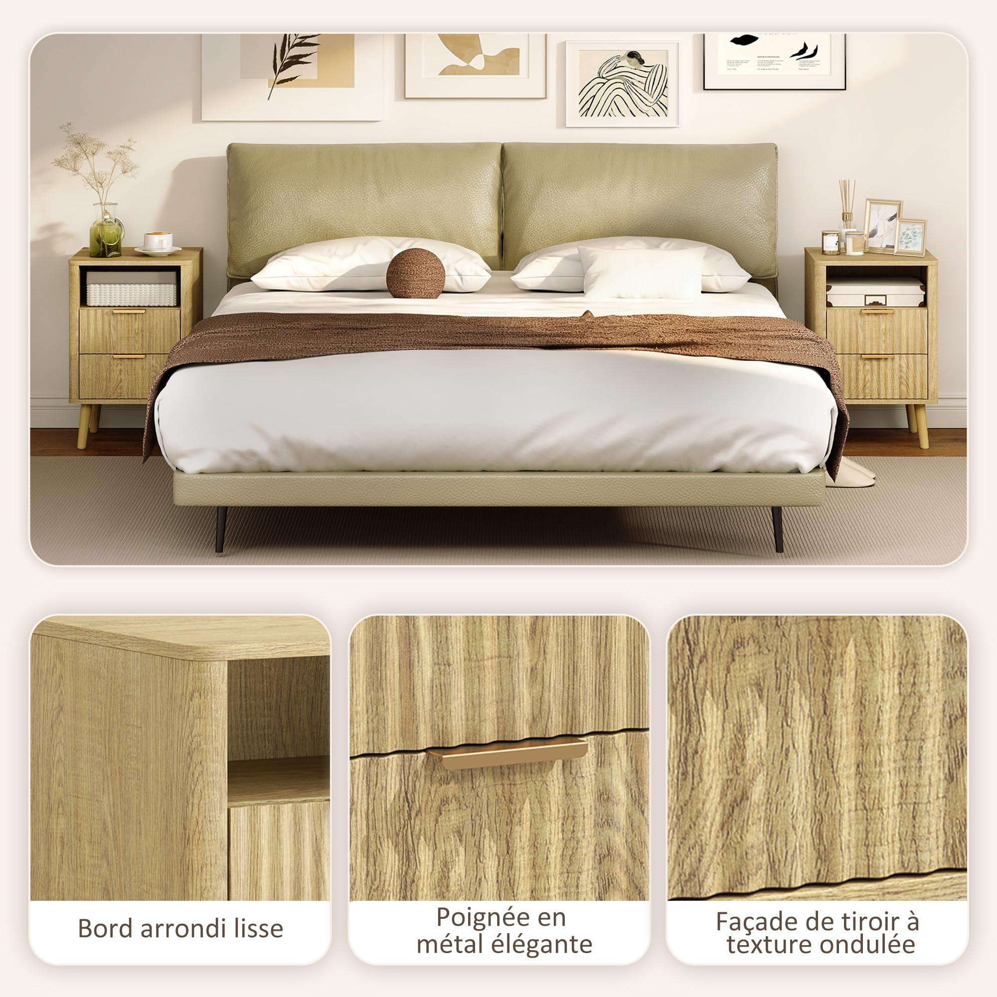 HOMCOM – Juego de 2 mesitas de noche, mesitas de noche con 2 cajones y compartimento abierto, esquinas redondeadas, texturizadas en olas, patas de madera maciza, estilo moderno, para dormitorio, sala