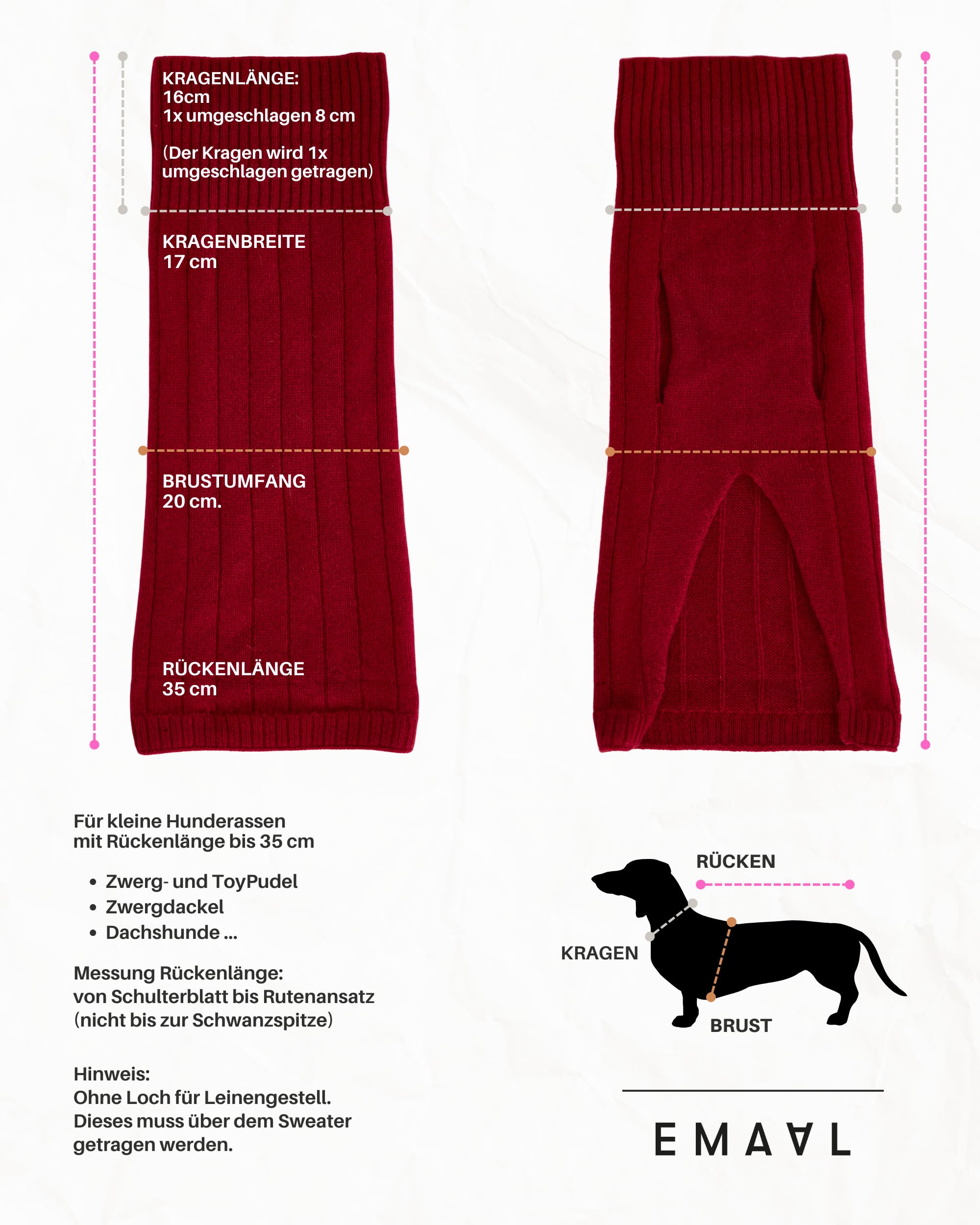 EMAAL 100% Kaschmir Hundesweater Aspen, Rot, Gestrickt, Rippenmuster, für kleine Hunde bis 35 cm Rückenlänge, weich & warm, bequem, jedes Fell, für kühle Spaziergänge oder gemütliche Abende zu Hause