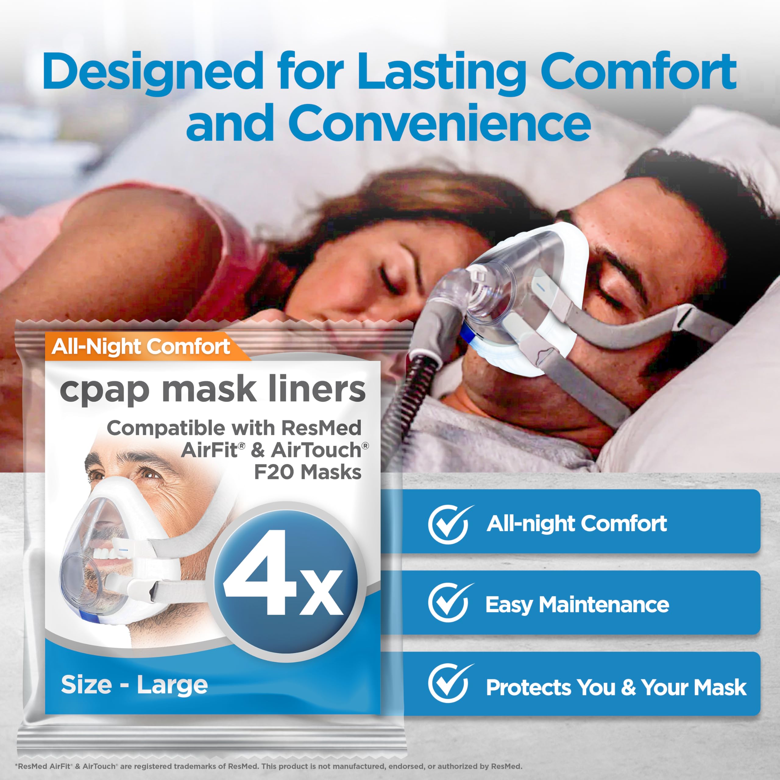 resplabs CPAP Mask Liners - Compatible with ResMed AirFit and AirTouch F20 Full Face Masks - Reusable, Washable Comfort Covers - 4 Pack (Large)