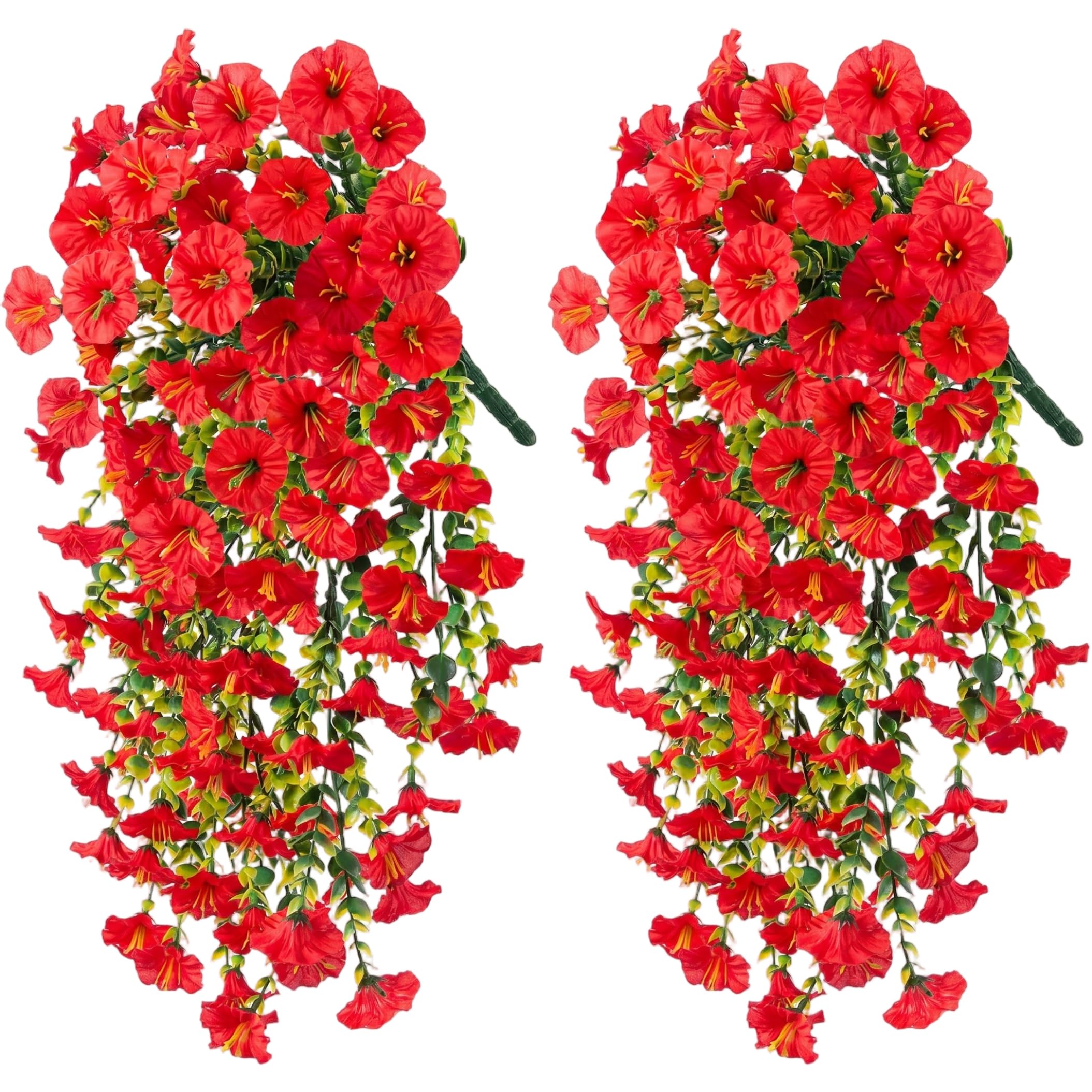 Xoeryoy 2 Pack Artificial Petunias, Artificial Hanging Flowers With Eucalyptus, Uv-resistant Faux Vines For Porch Garden Decor, Red