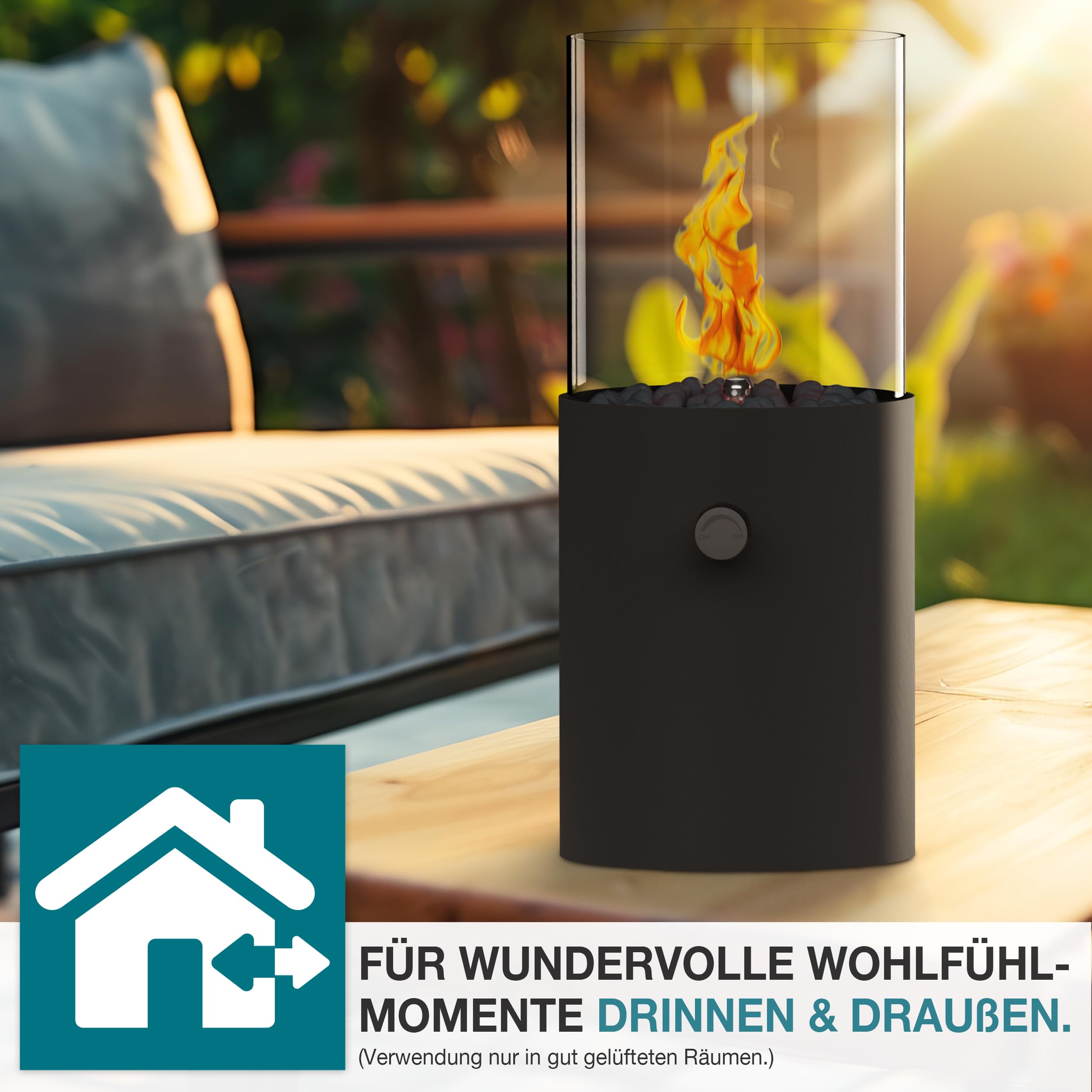 TOM Innovation XXL Gas Tischkamin - 12 Stunden Brenndauer für Indoor & Outdoor – Tisch Kamin Set – Tischfeuer mit Deko-Steinen – Plus 3X 190 g Stechgaskartusche