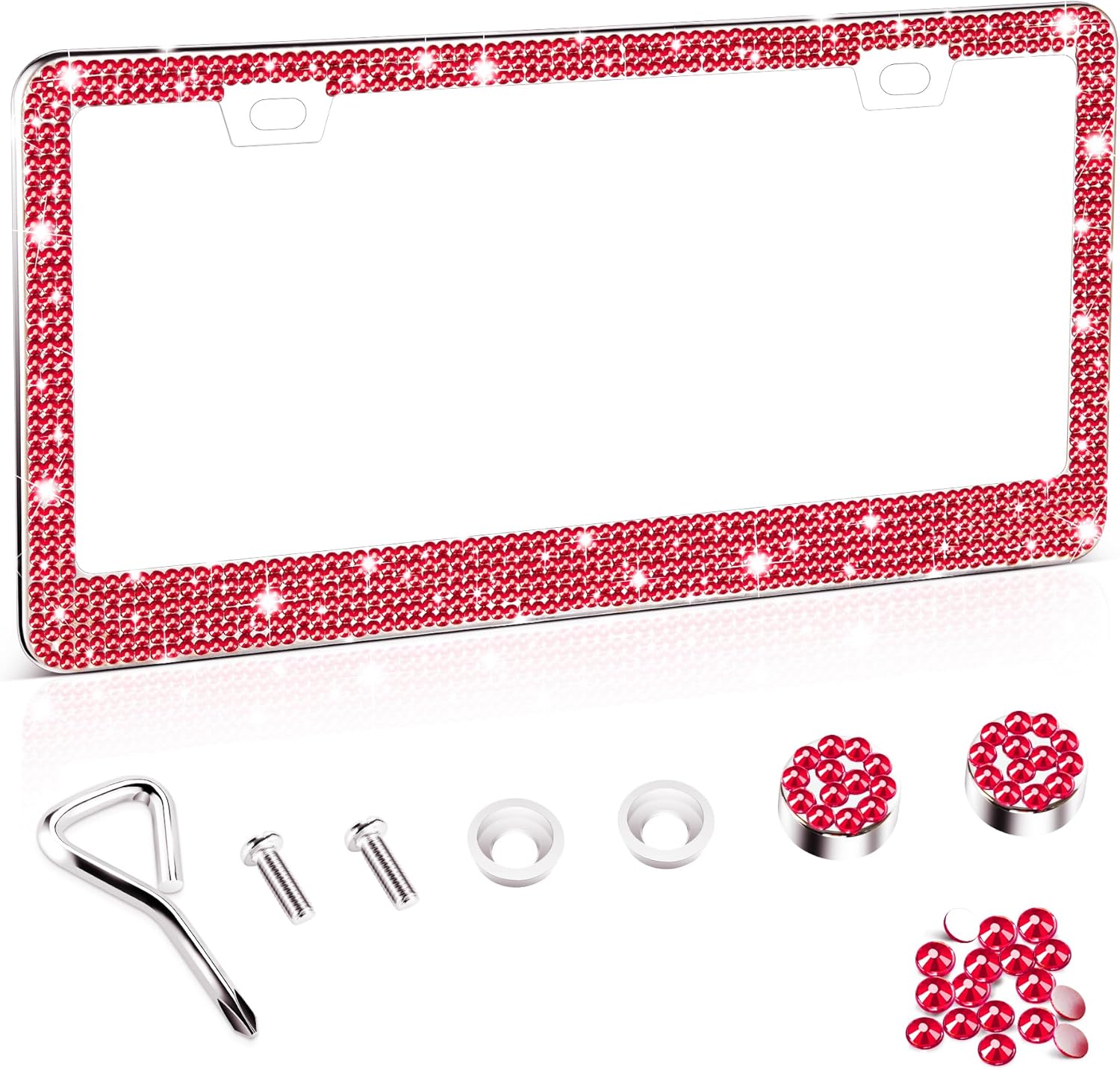 Amiss Bling License Plate Frame for Women, 2Pack Rhinestone Handcrafted Crystal Premium Stainless Steel, Stainless Steel Car Accessories with Diamond Sparkle Glitter Caps (Pink)