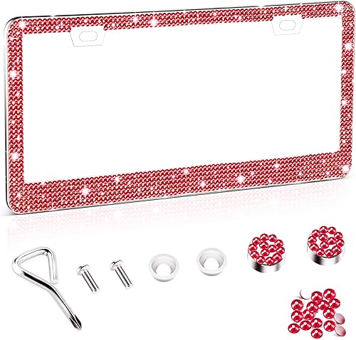 Vista 25 de Amiss Marco de Matrícula Brillante para Mujeres, Paquete de 2 Marcos de Acero Inoxidable Premium con Cristales de Strass Hechos a Mano, Accesorios