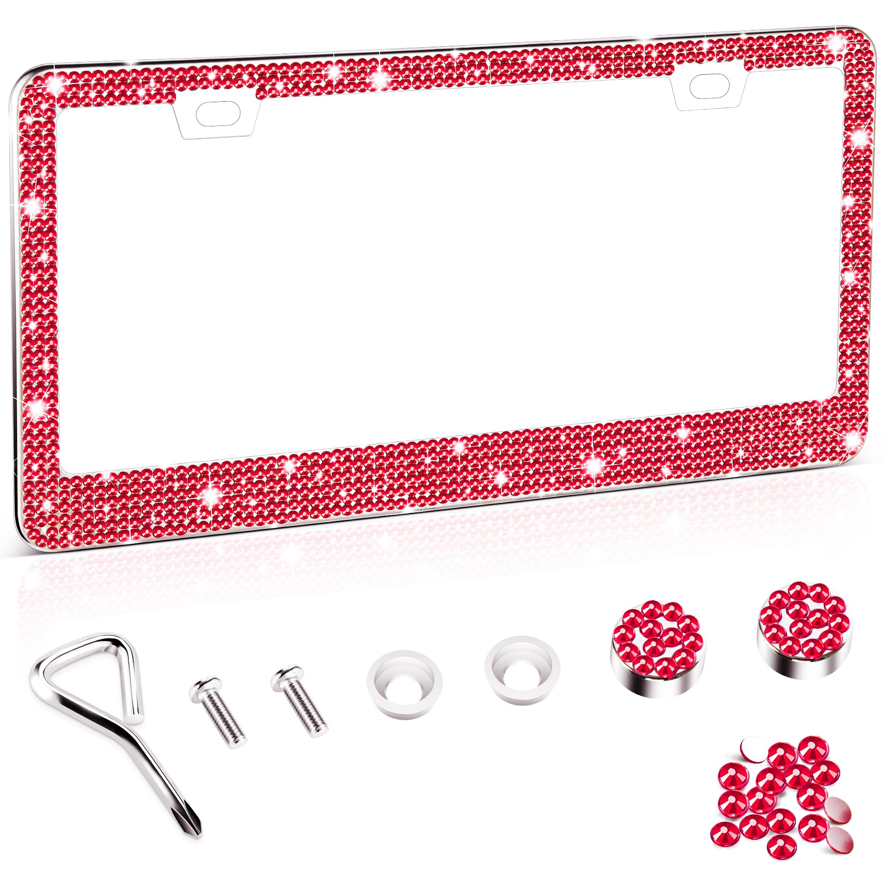 Amiss Bling License Plate Frame for Women, 1Pack Rhinestone Handcrafted Crystal Premium Stainless Steel, Stainless Steel Car Accessories with Diamond Sparkle Glitter Caps (Red)