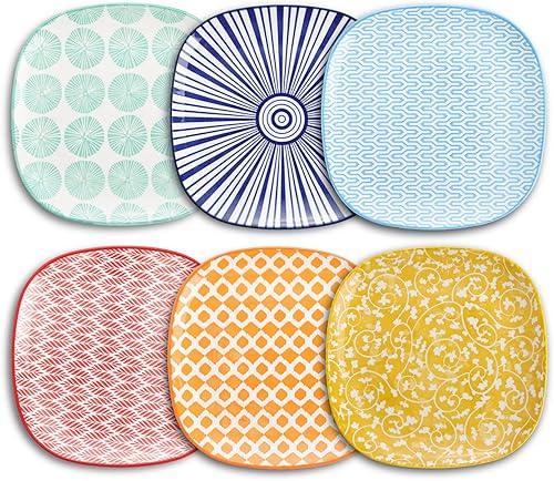 Selamica Platos cuadrados de porcelana para ensalada de postre y pasta, platos de cerámica de 7.6 pulgadas, juego de 6 aptos para microondas,