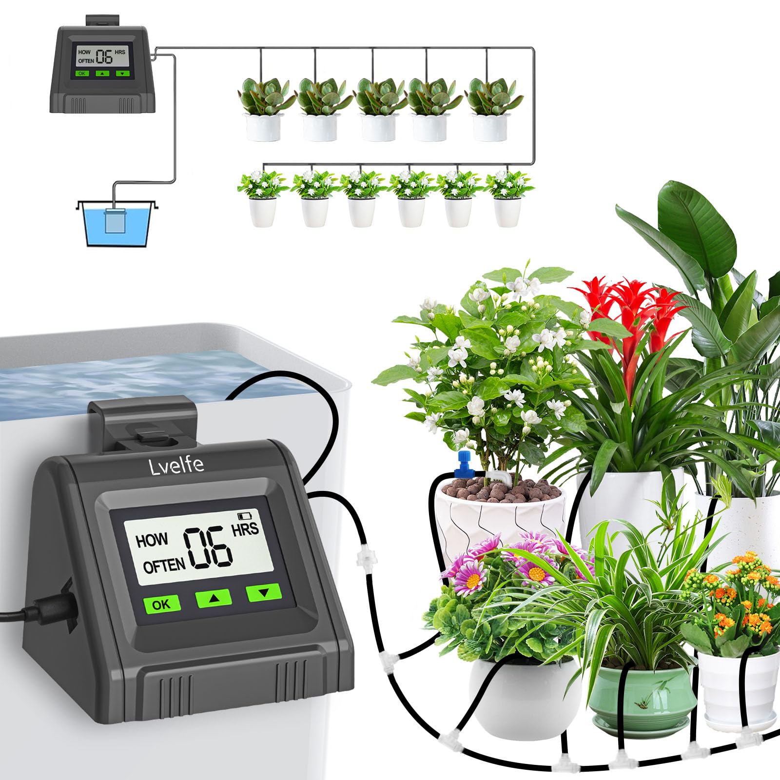 Lvelfe Automatisches Bewässerungssystem, Tropfbewässerungsset Wasservolumen Einstellbar, Kann 11 Pflanzen Gießen, Urlaubsbewässerungssystem für Zimmerpflanzen, Garten, Balkon Pflanzen, Topfpflanzen