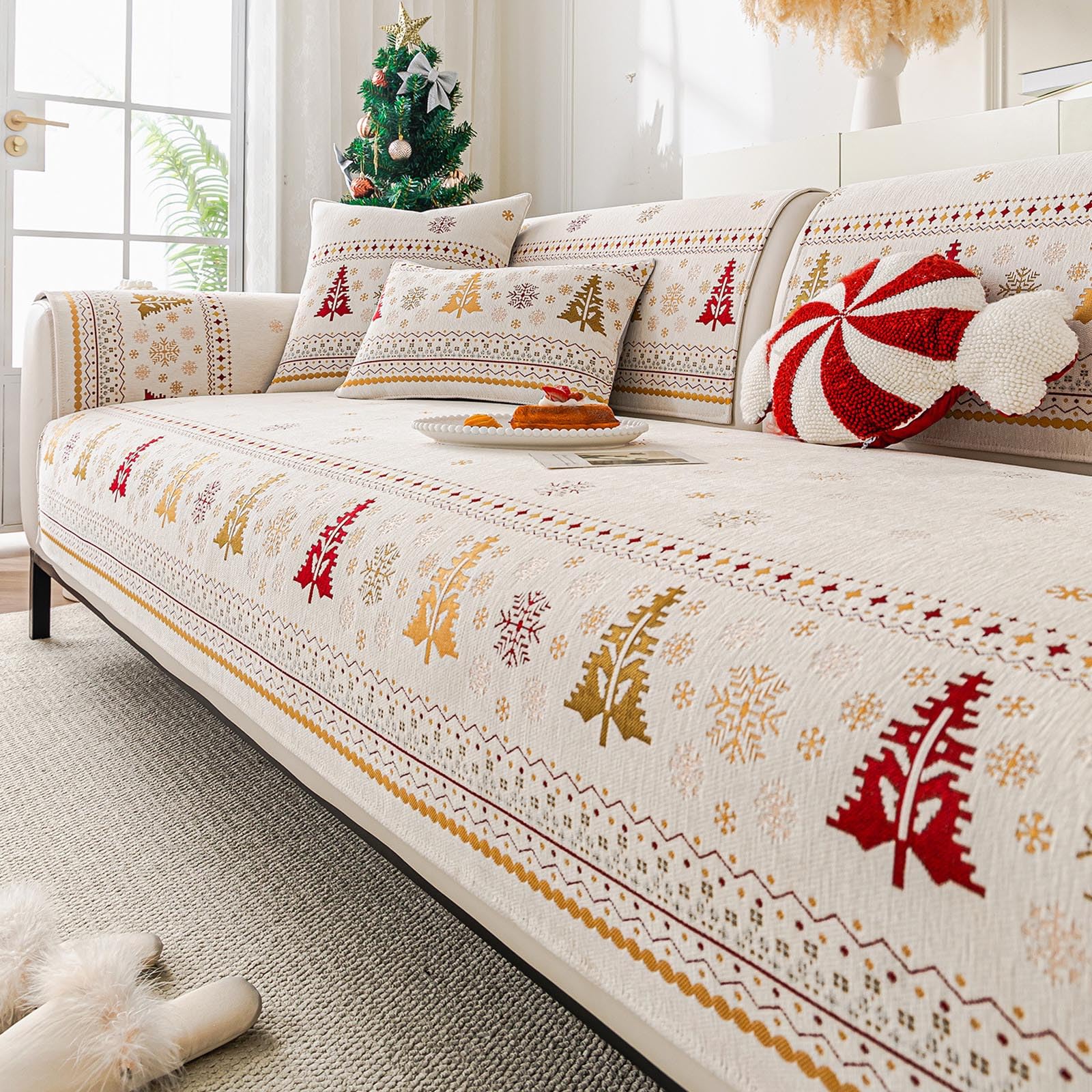 Housse de canapé de Noël antidérapante en chenille lavable en machine pour fauteuil blanc 70x90
