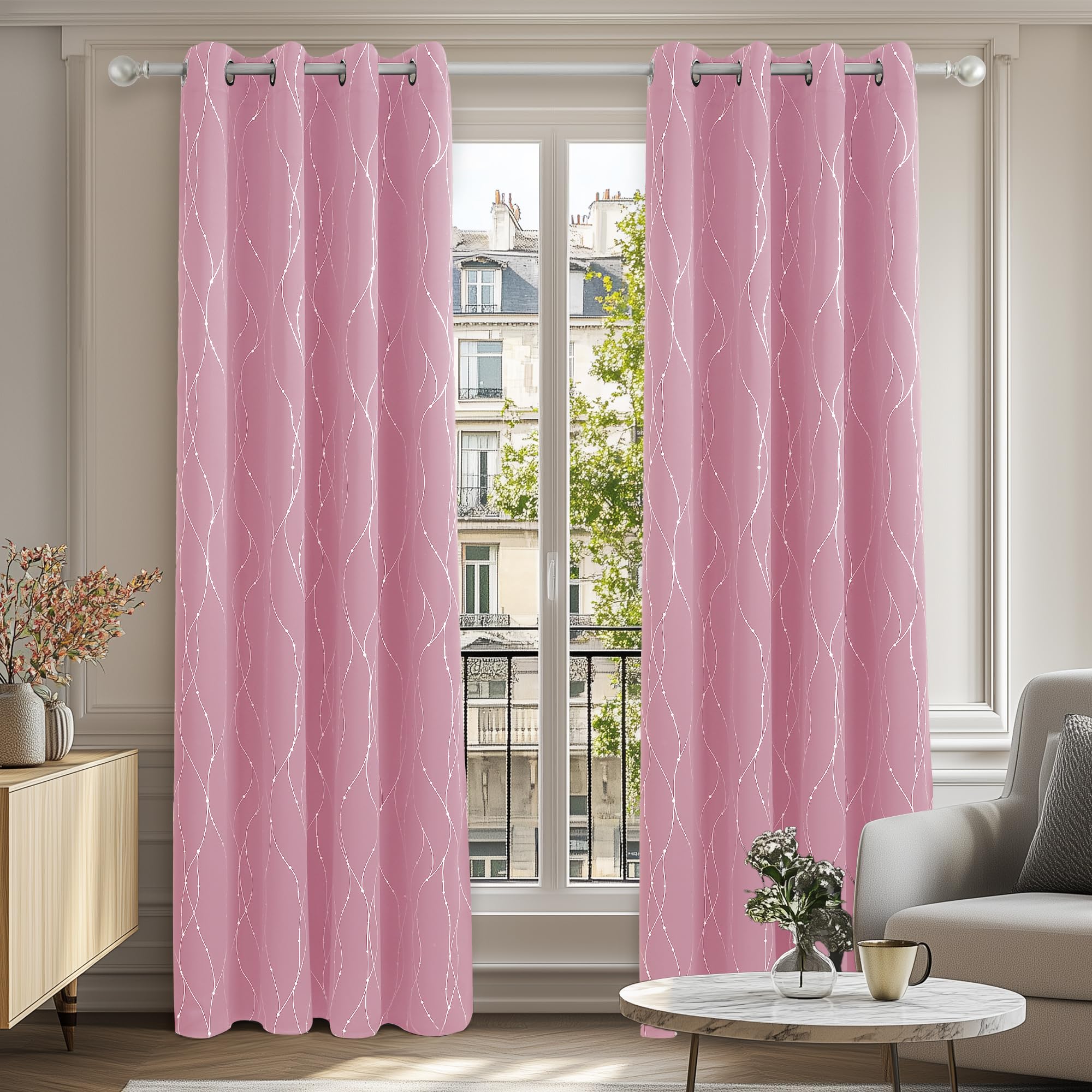 Deconovo Decorative Silver Dotted Line Foil Printed Blackout Curtains Thermal Insulated Curtains Eyelet Curtains for Baby Nursery 52 x 54 Inch Light Grey 2 Panels — view 67