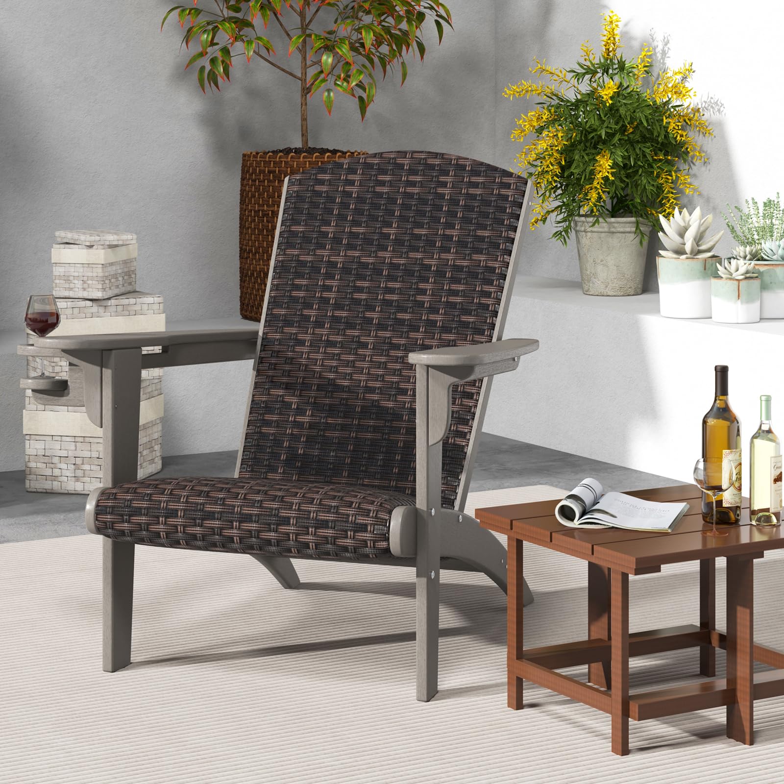 COSTWAY Silla Adirondack, HDPE con Asiento y Respaldo Acolchonados de Ratán, Silla Jardin con Reposabrazos Anchos y Portavasos Oculto, 92 x 76 x 100 cm (Gris)