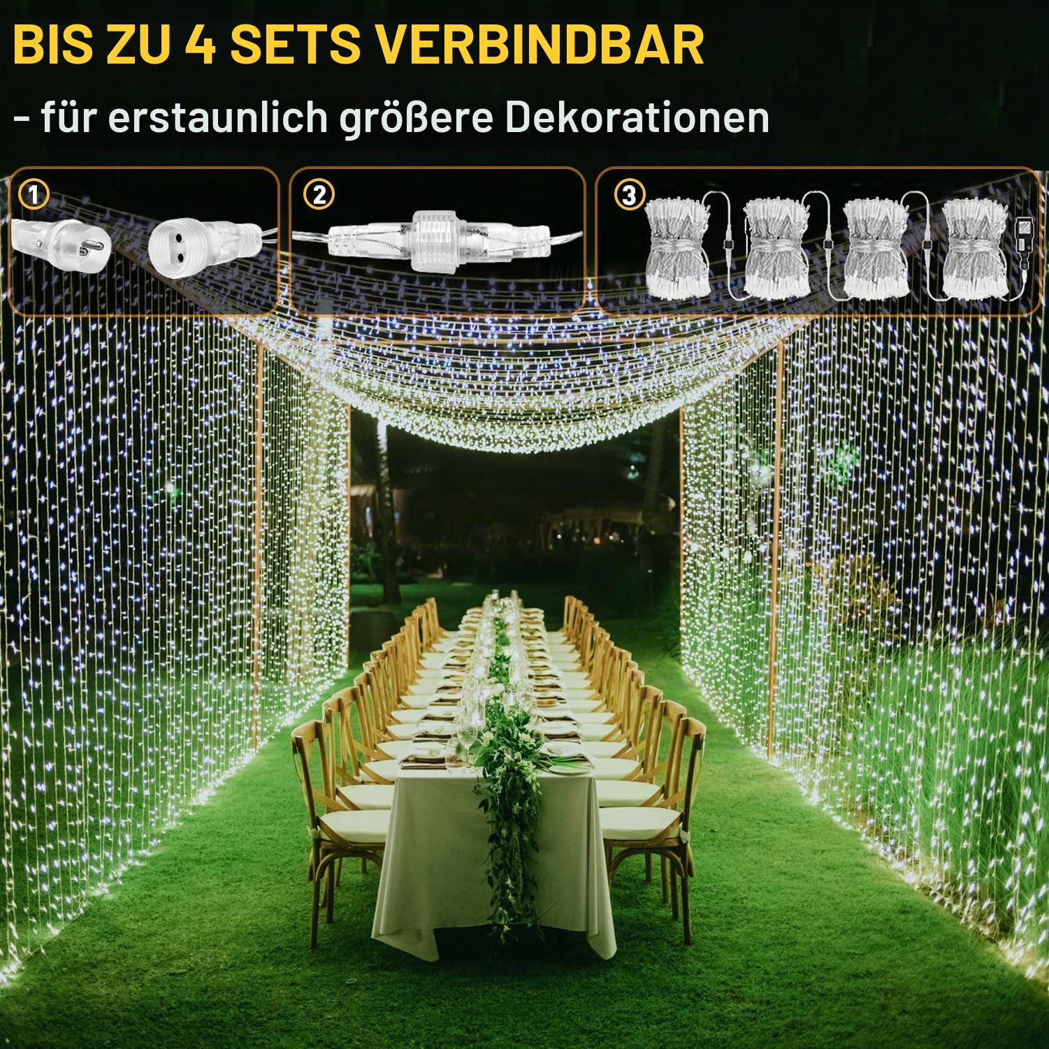 yowin 2 Stück Lichtervorhang 6m x 3m 600 LED Lichterkette Vorhang mit Stecker, 8 Modi Weihnachtsbeleuchtung Wasserdicht Wasserfall Lichterkette für Weihnachten Hochzeit Innen Außen Deko - Weiß