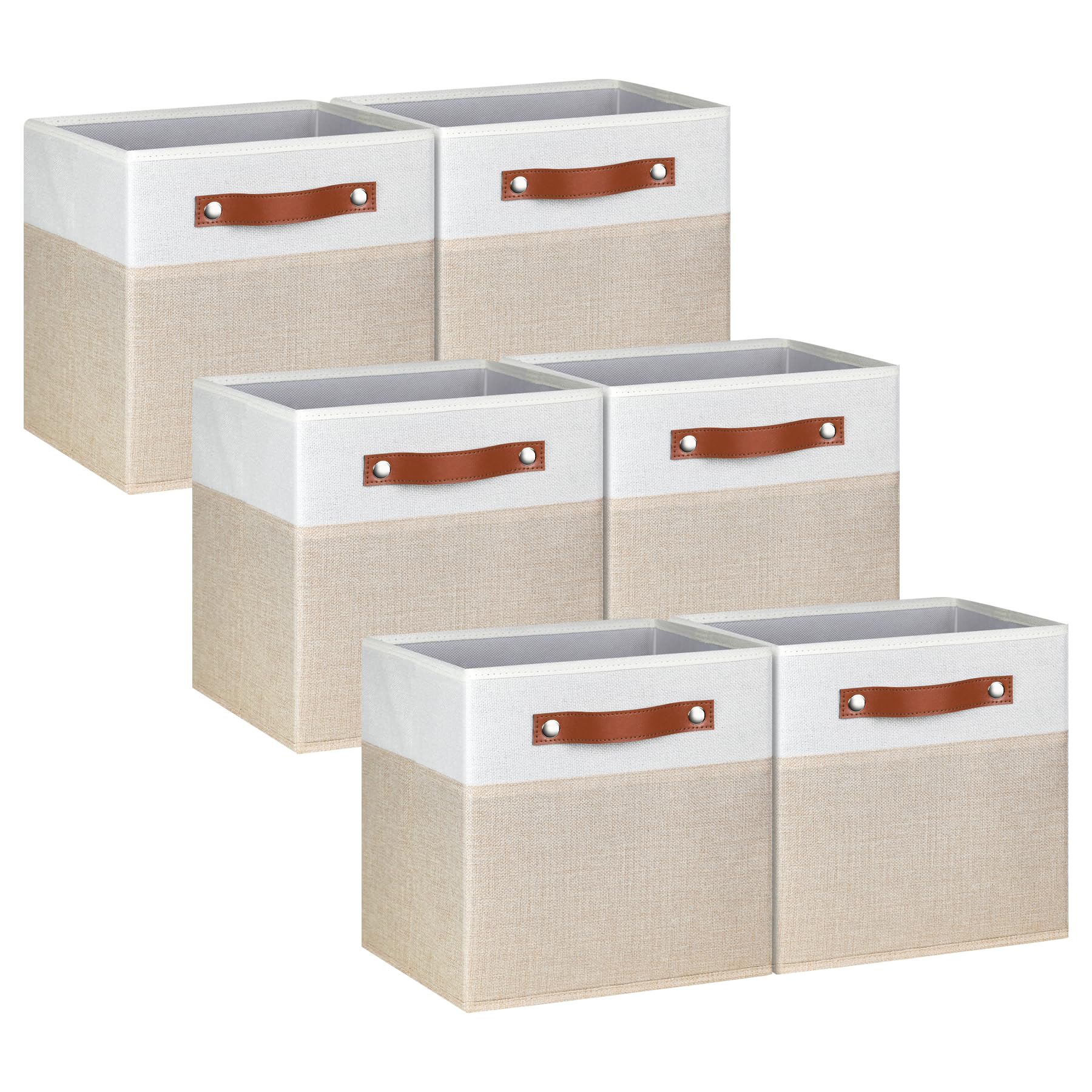 Pomatree 13x13 Storage Cubes - 6 Pack - Linen Fabric 13 Inch Cube Storage Bins for Bedroom, Living Room, Clothes and Toys, Shelves and Closet Organizer; Foldable, Dual Leather Handles (White & Beige)