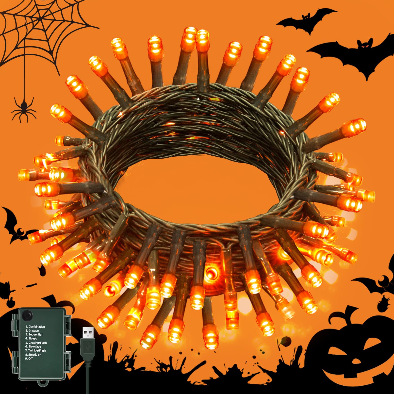 Isisyu Fairy Lights 6M 60LED Fairy String Lights USB or Battery Operated with Timer, 8 Modes, Waterproof Green Wire Orange Halloween Lights for Indoor Outdoor Bedroom Birthday Wreath Halloween