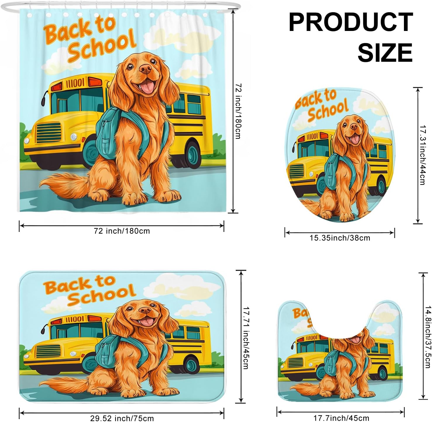 4PCS Irish Setter Dog School Bus Bathroom Accessory Sets with Non-Slip Rug, U Shape and Toilet Lid Cover Mat, Fun Back to School Puppy Bathroom Decorative-72''x72''