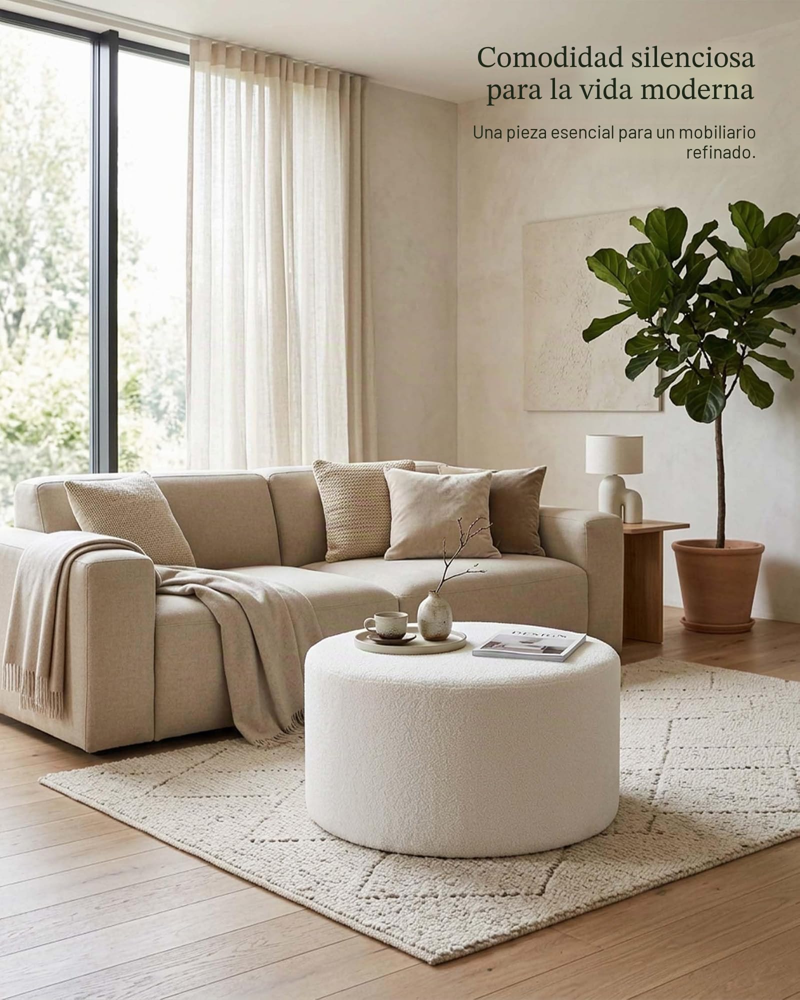Puff - Puff redondo de 70 cm, color beige, reposapiés suave de tela Teddy, asiento cómodo para sofá, sillón y dormitorio, 70 x 70 x 40 cm