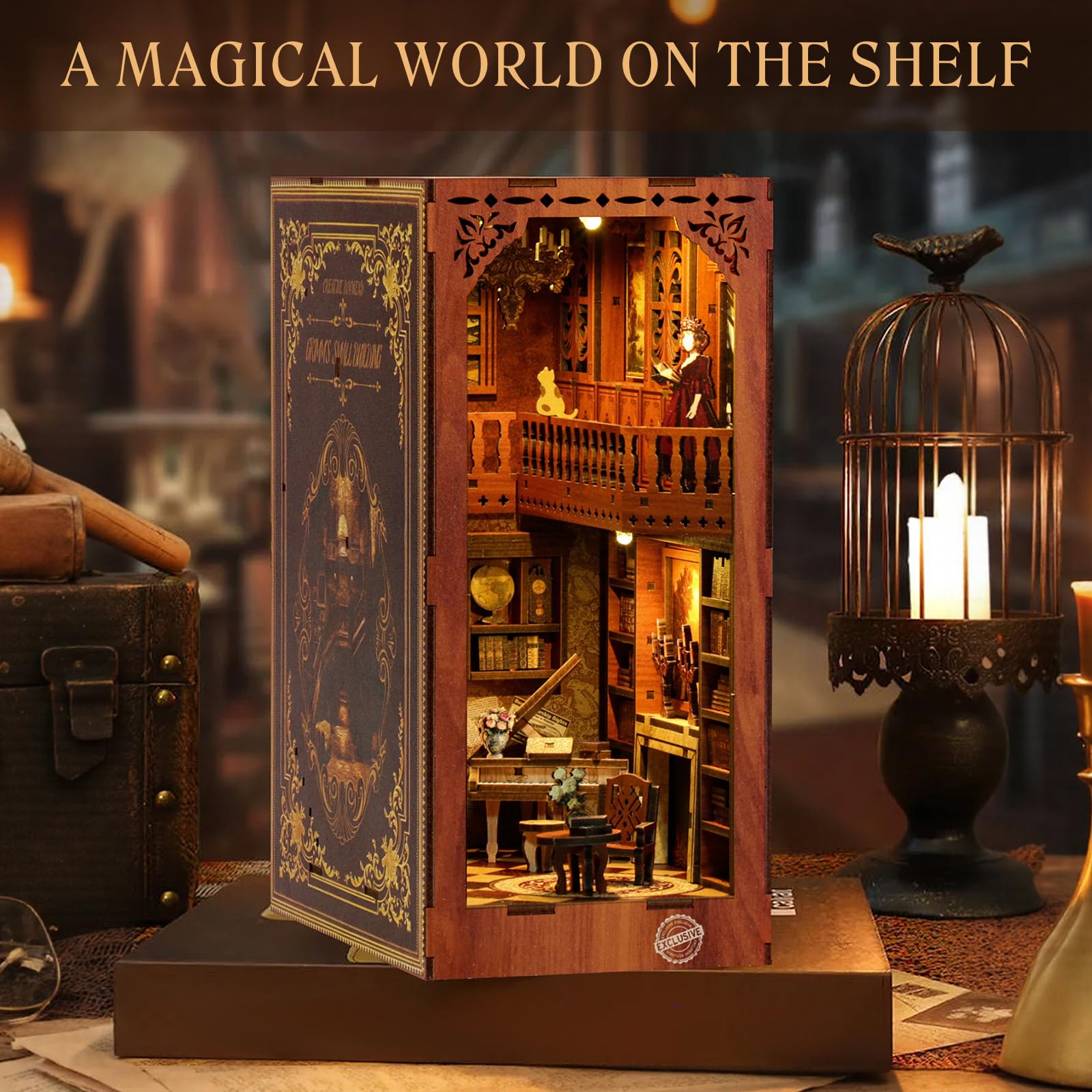 MoKo Kit Coin Lecture, Puzzle 3D en Bois Booknook avec Lumières LED, Kit de Maison Miniature à Monter Soi-même, Coin Lecture Cadeaux Décoratifs pour Adultes et Familles, Contes de Grimm
