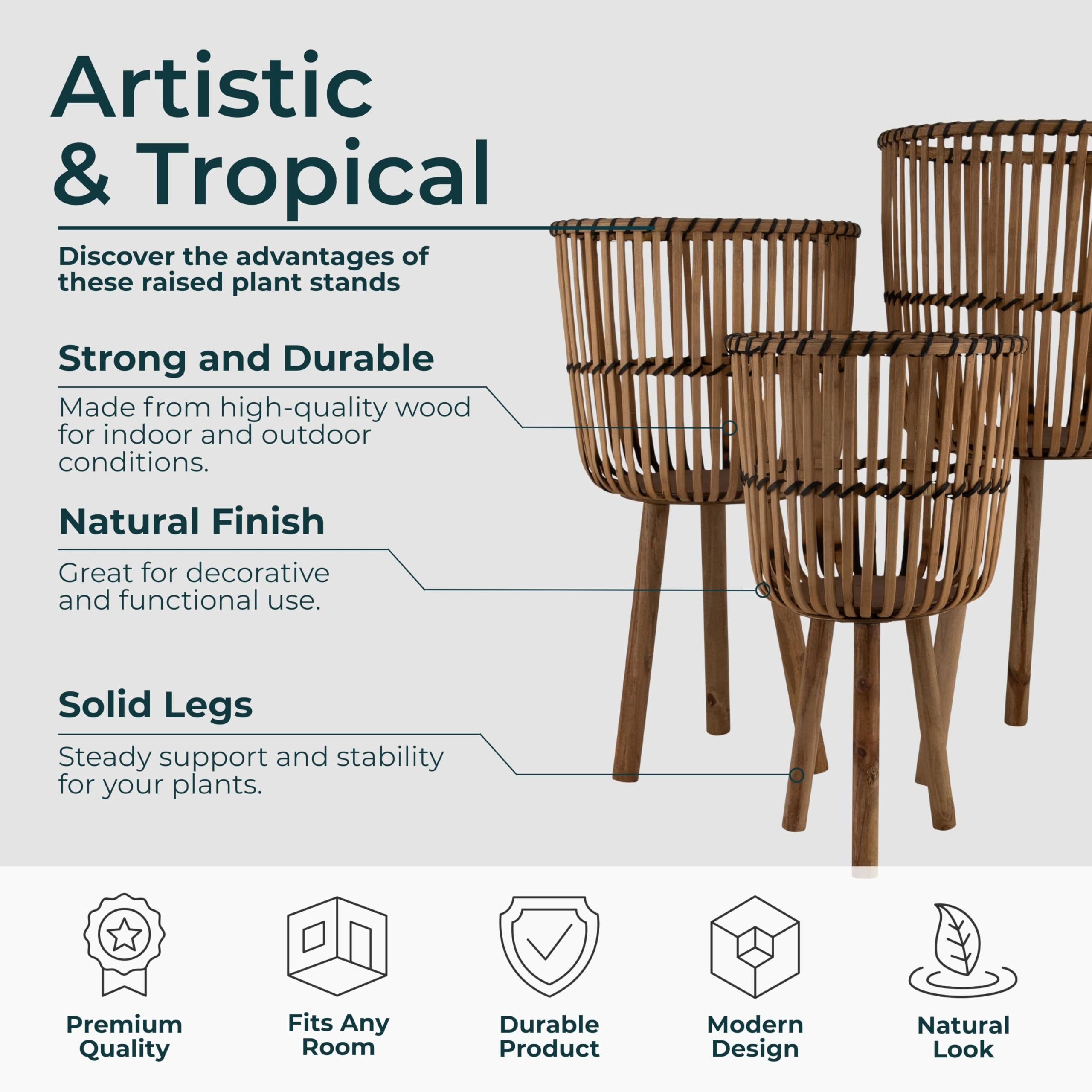 Grodlen Bamboo Wood Planters On Stands – Set Of 3 Assorted Sizes, Indoor/Outdoor