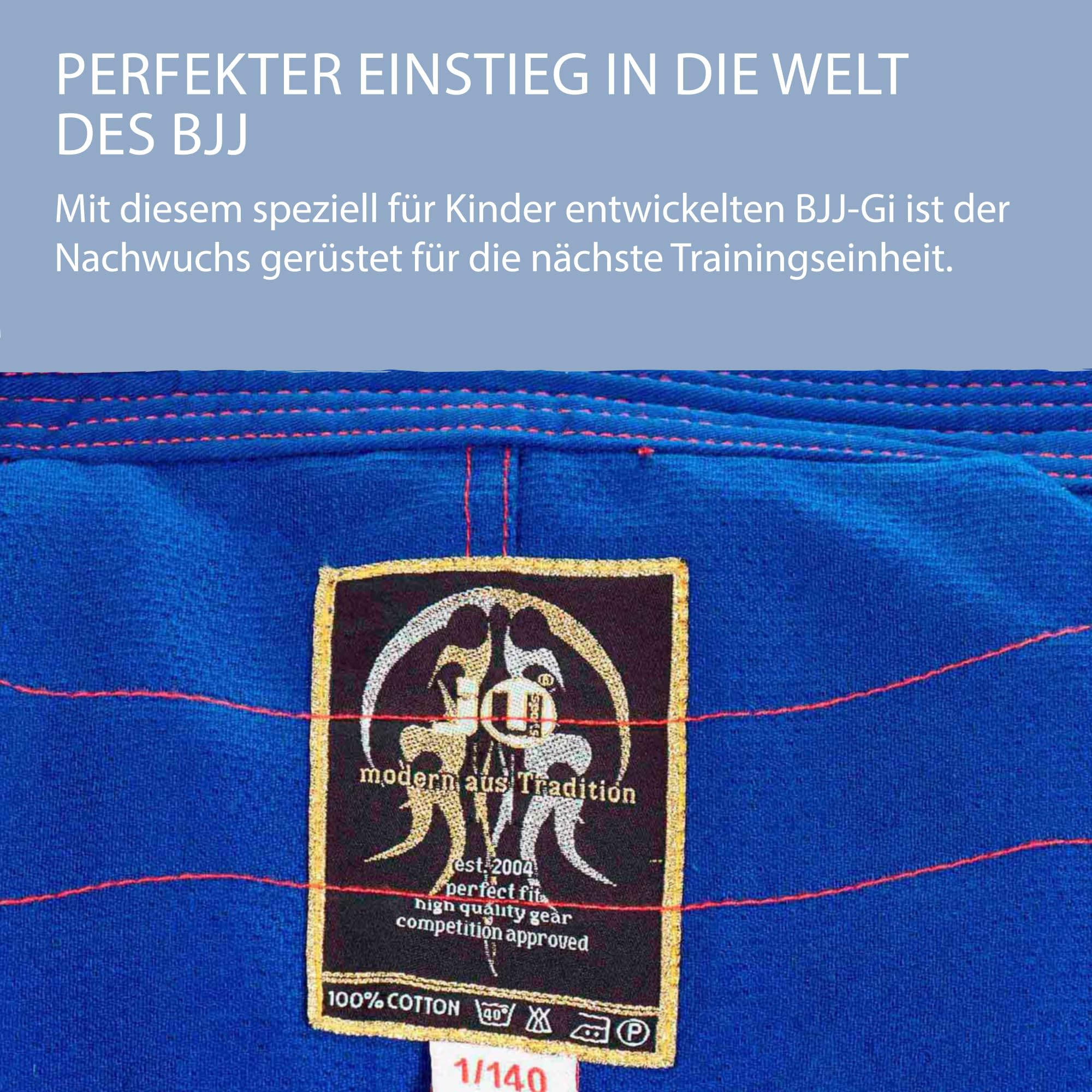 Ju-Sports BJJ Anzug Kids Blau I Leichter, schlanker Brazilian Jujutsu Anzug speziell für Kinder I BJJ Gi im bunten Design I Inkl. weißem Gurt I 100% Baumwolle